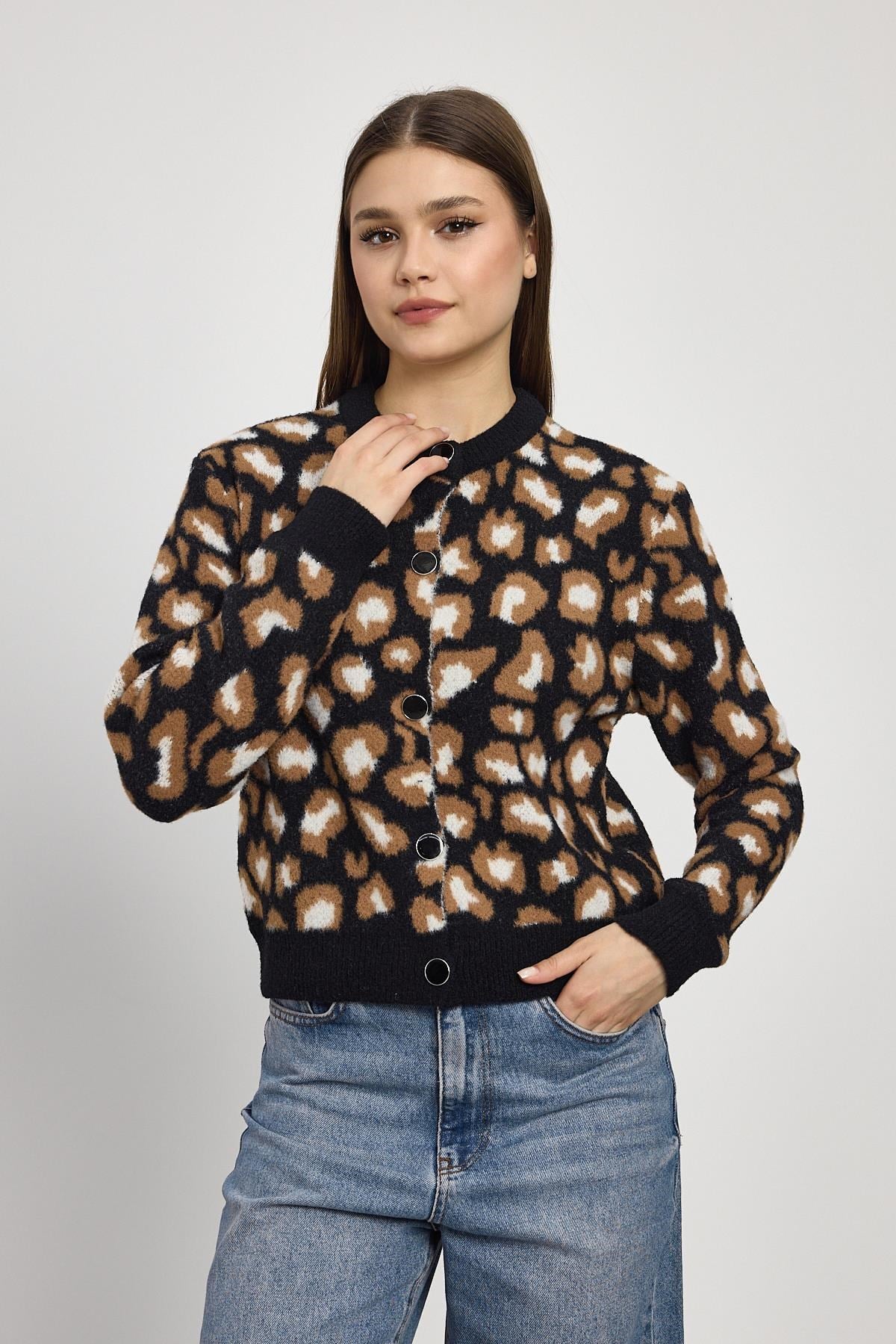 Leopar Detay Triko Hırka 24367 Siyah 6