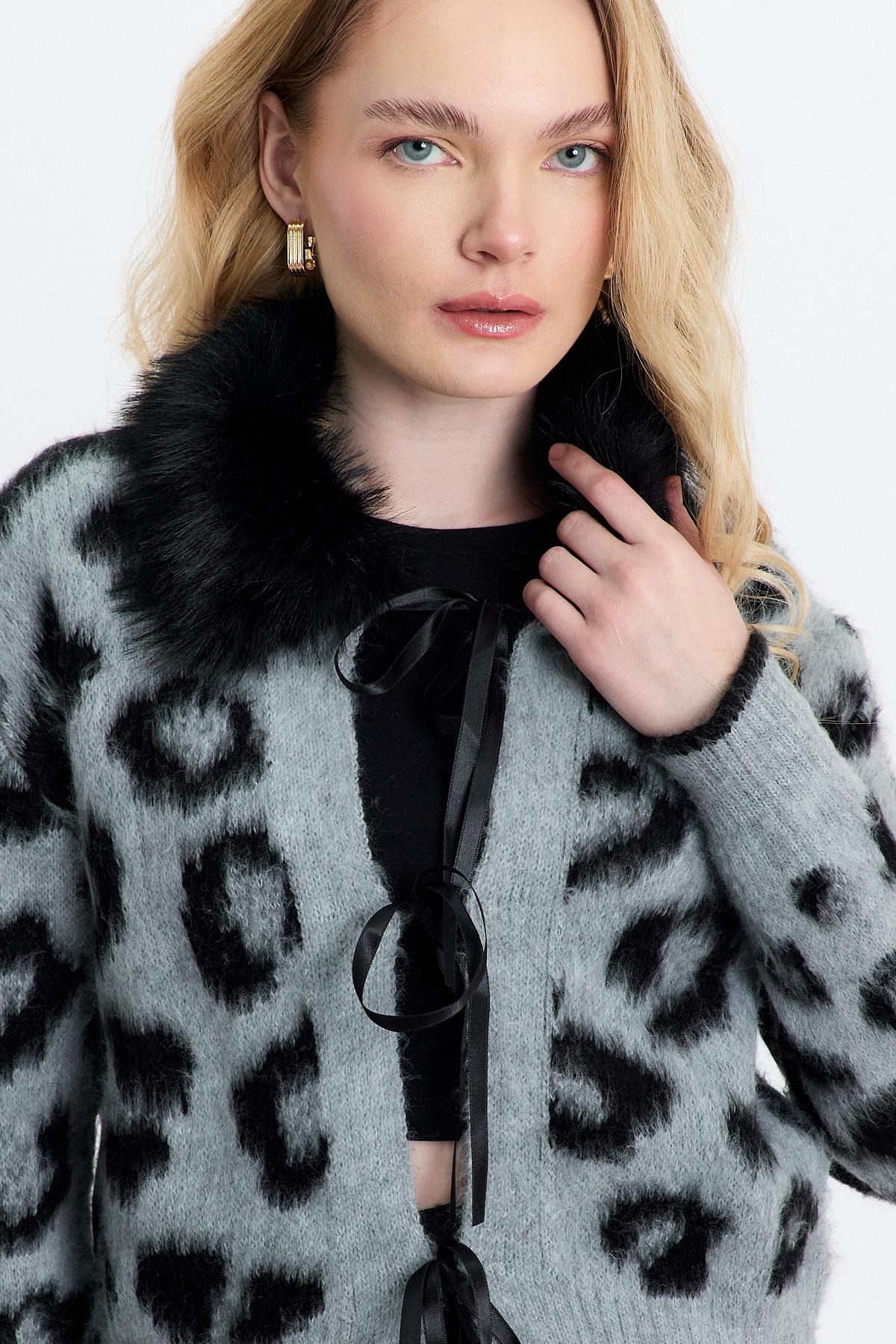 Kürklü Leopar Hırka 22289 Gri 4