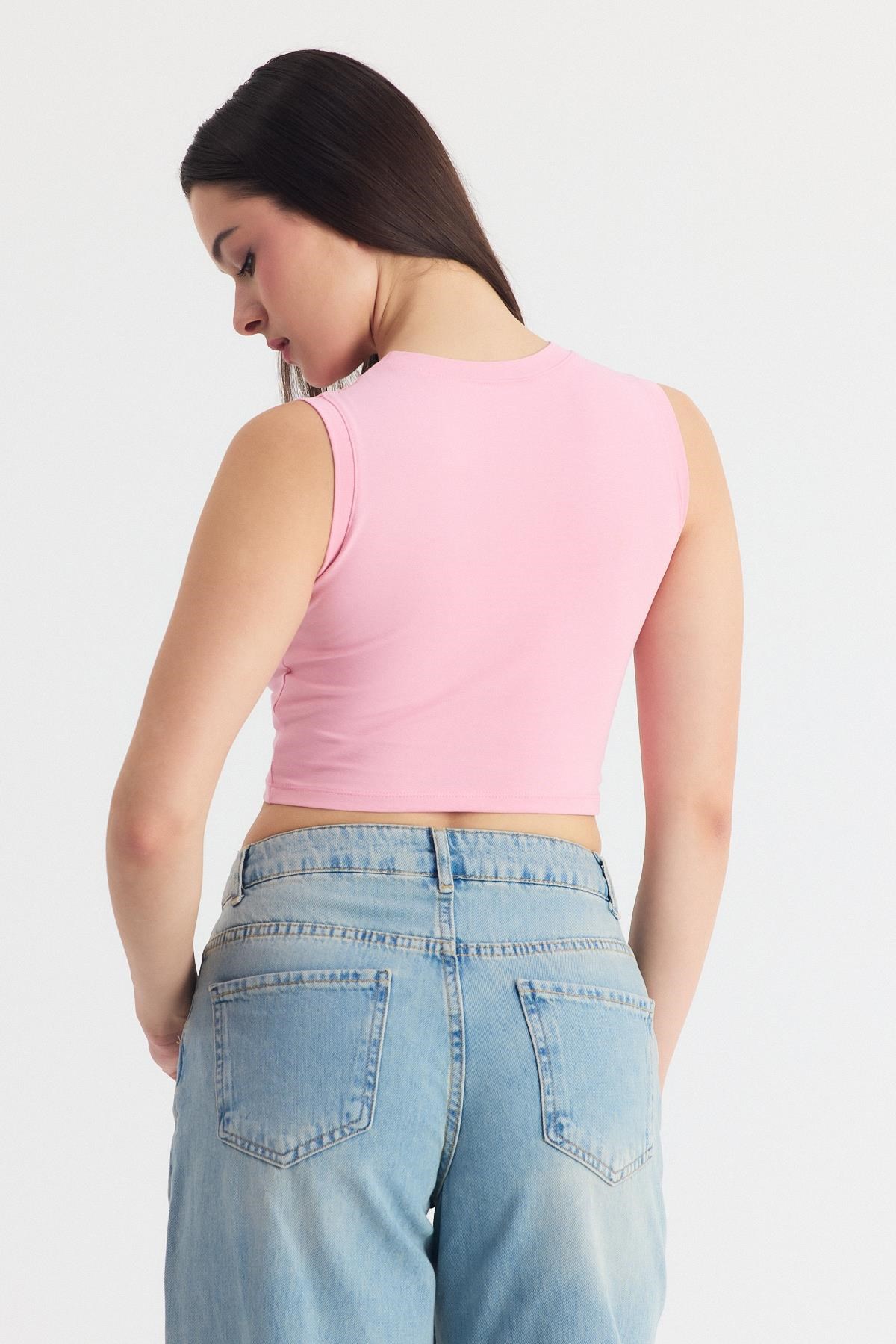 Pembe Kolsuz Bisiklet Yaka Crop Atlet 318 5