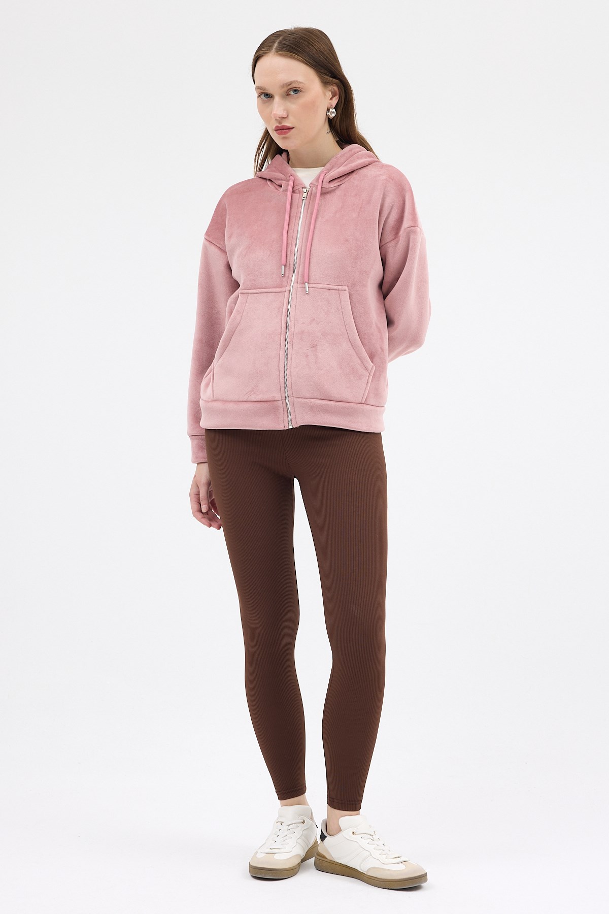 Pembe Kadın Fermuarlı Kapüşonlu Sweatshirt 3059A 3