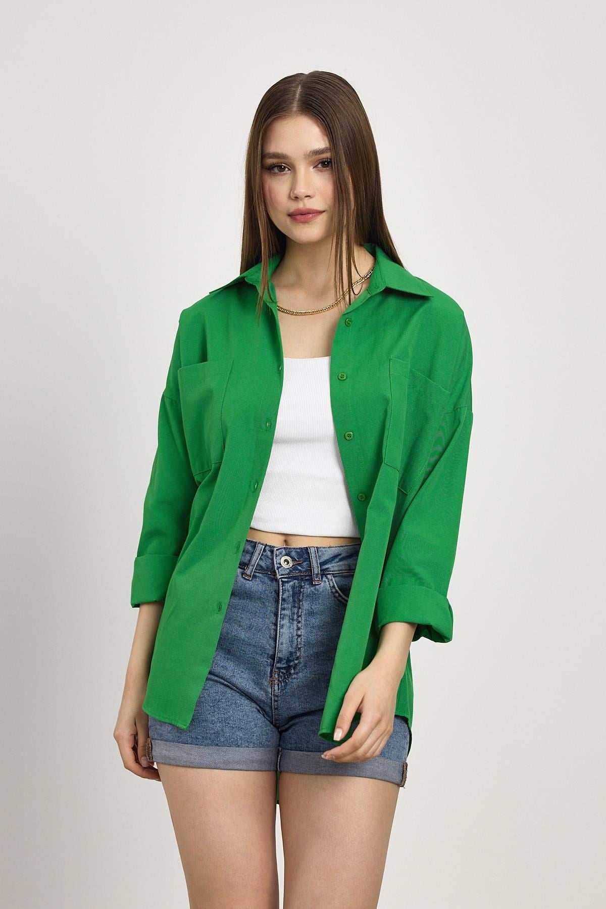 Benetton Yeşili Çift Cepli Oversize Uzun Basic Gömlek TCR 6256A 2
