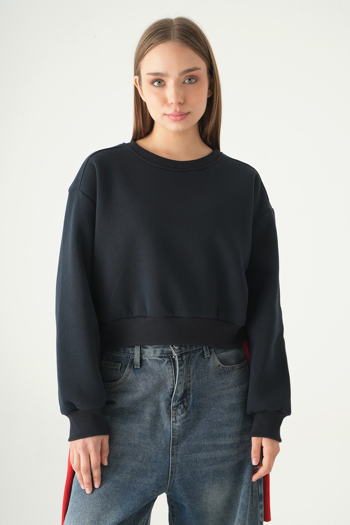 Kadın Pamuklu İçi Polarlı Oversize Yuvarlak Yakalı Laci Sweatshirt 9152M 2