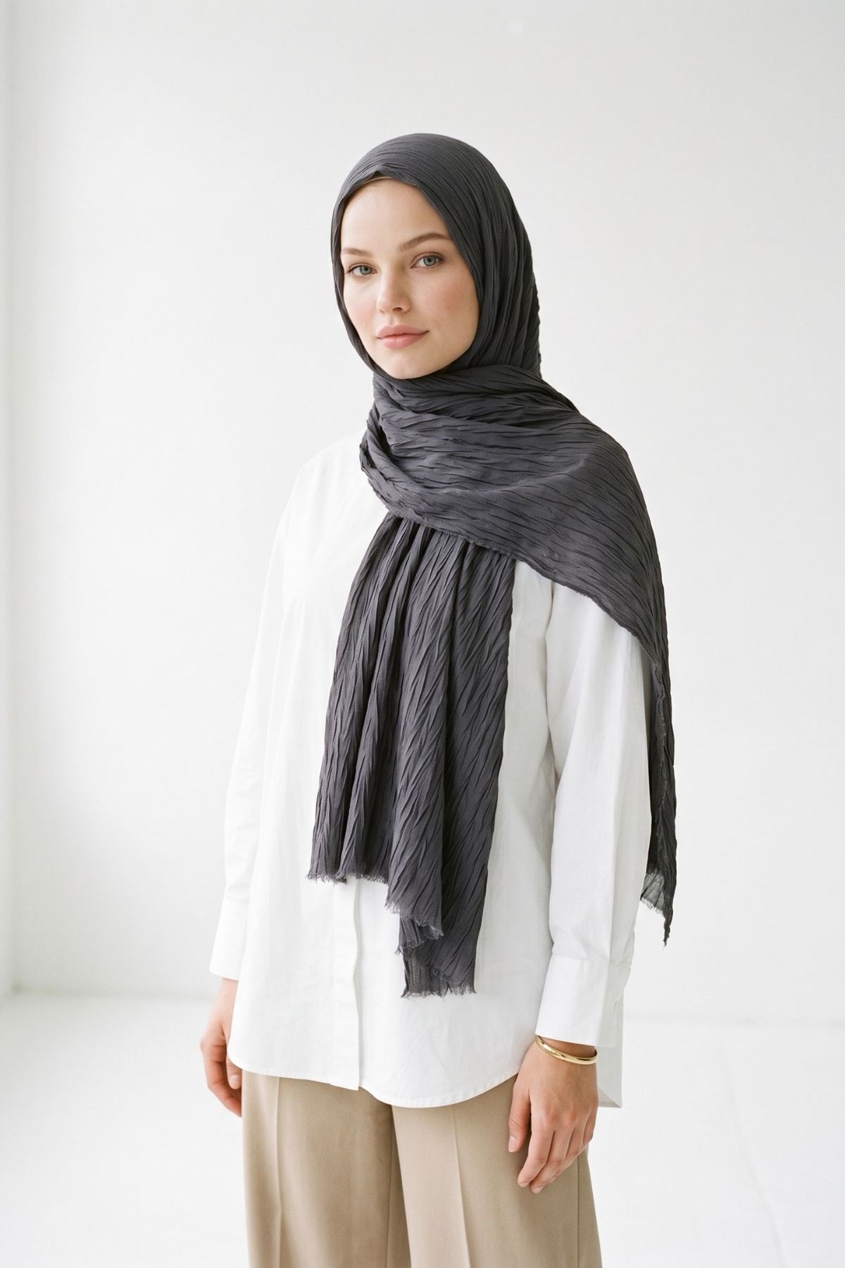 Pliseli Bambu Şal 5673 Füme 3