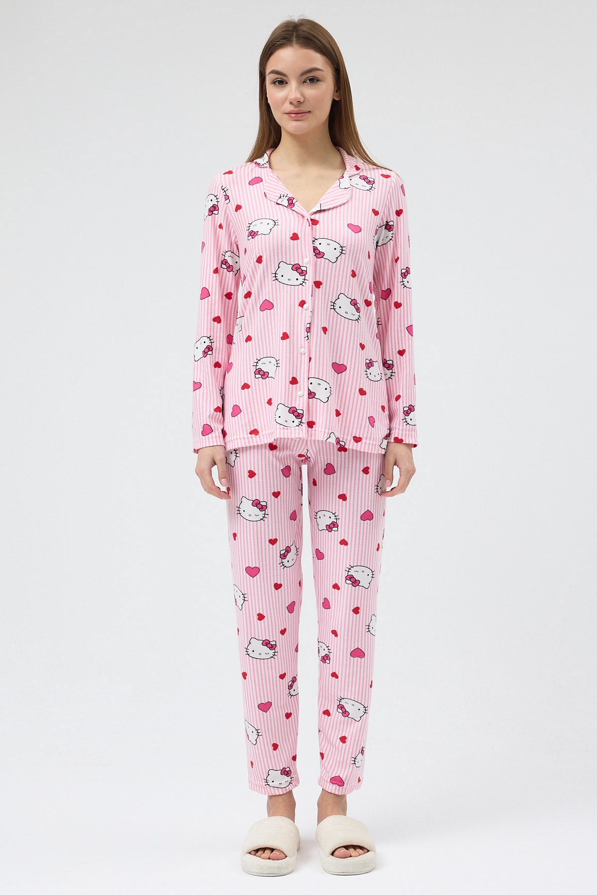 Pembe Desenli Düğmeli Kadın Pijama Takımı 3000