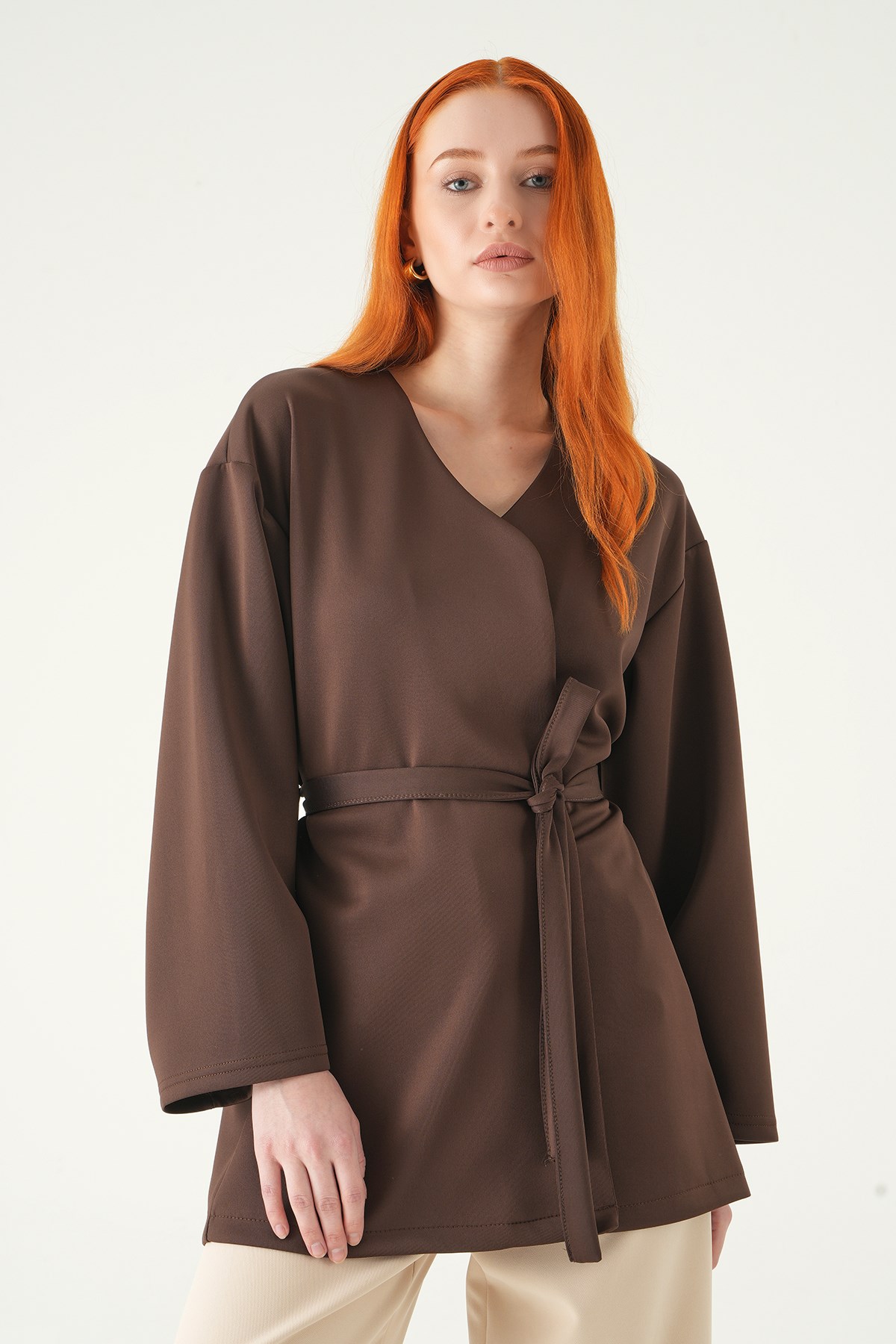 Kuşaklı Geniş Kol Kimono 3068A Kahve