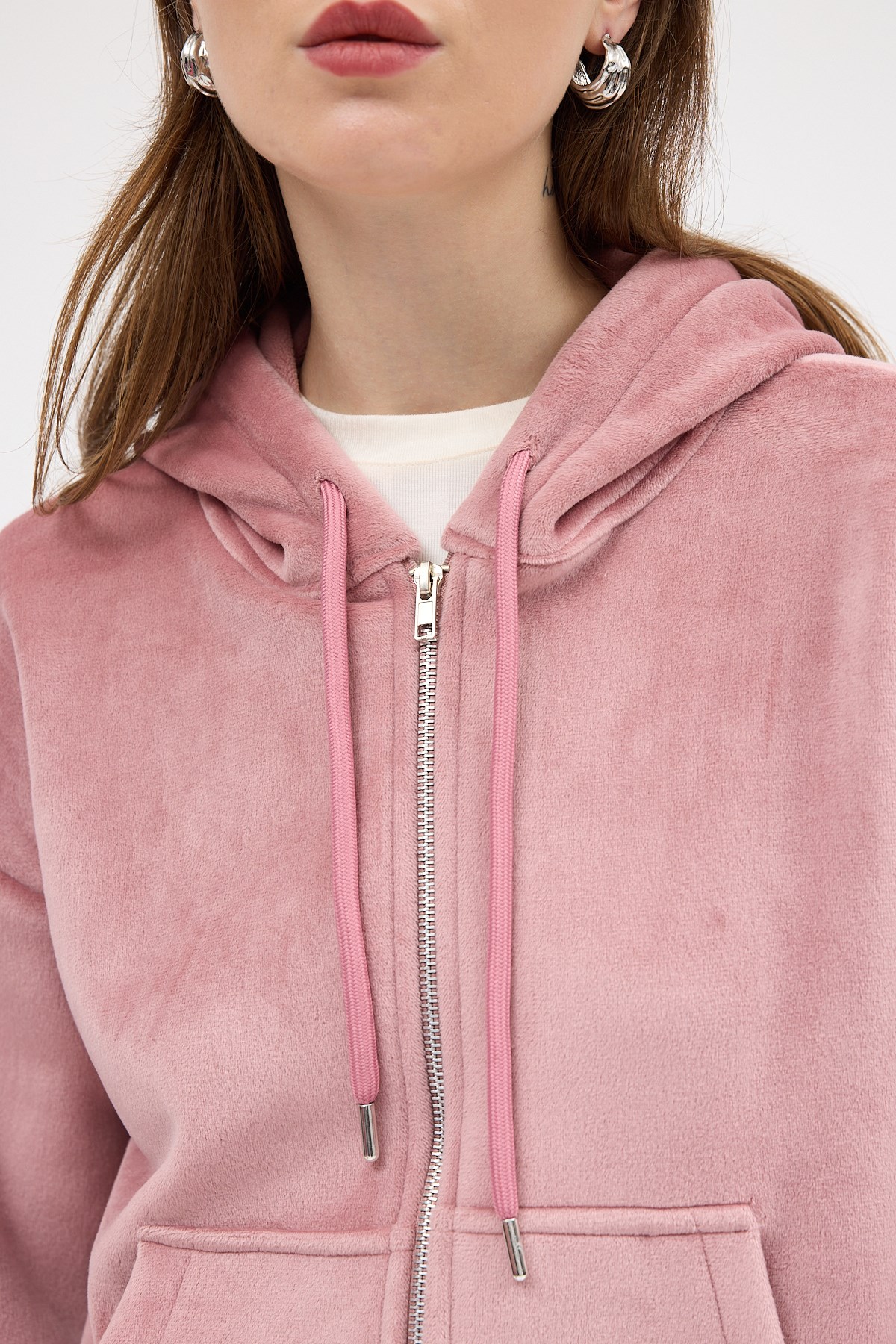 Pembe Kadın Fermuarlı Kapüşonlu Sweatshirt 3059A 4
