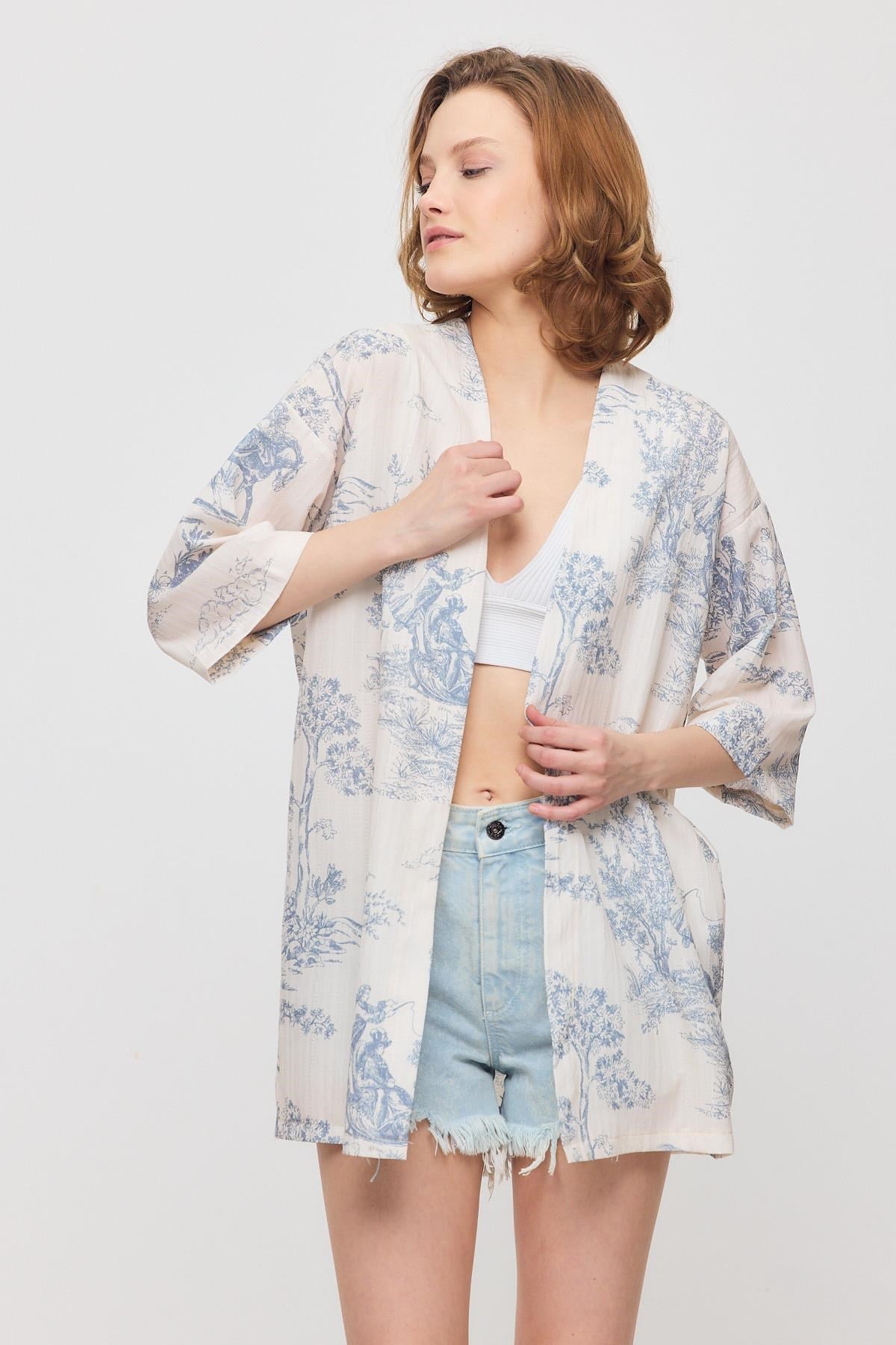 Çiçekli Kısa Kol Kimono 4441A Mavi 2