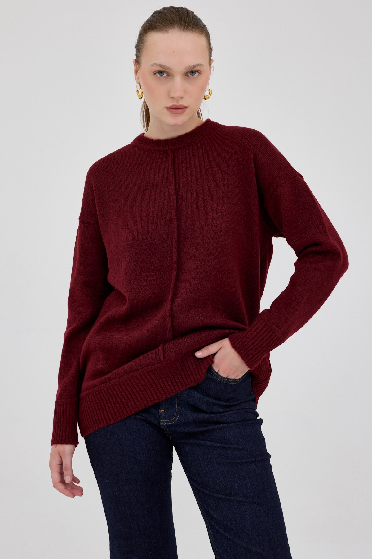Bordo Oversize Bisiklet Yaka Kadın Kazak 2345