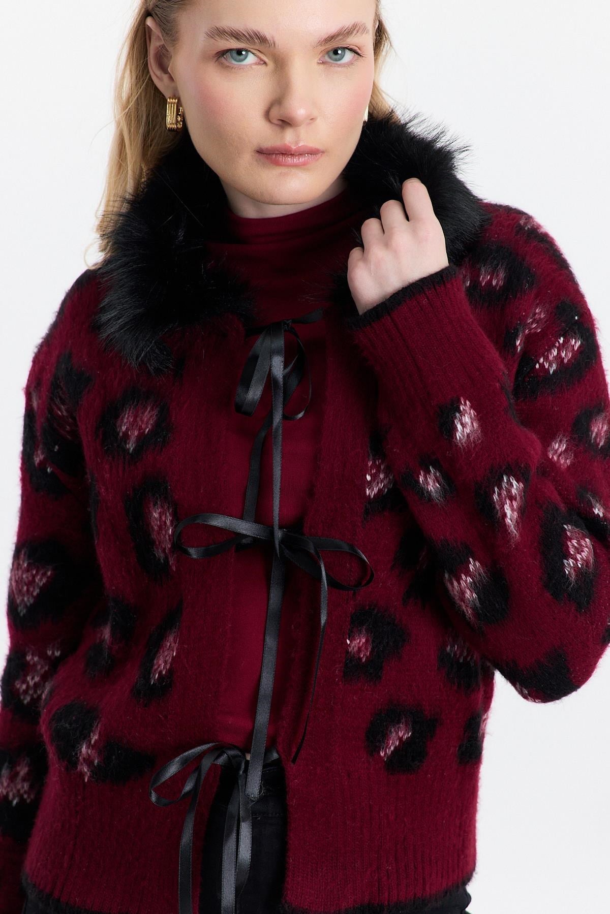 Kürklü Leopar Hırka 22289 Bordo 4