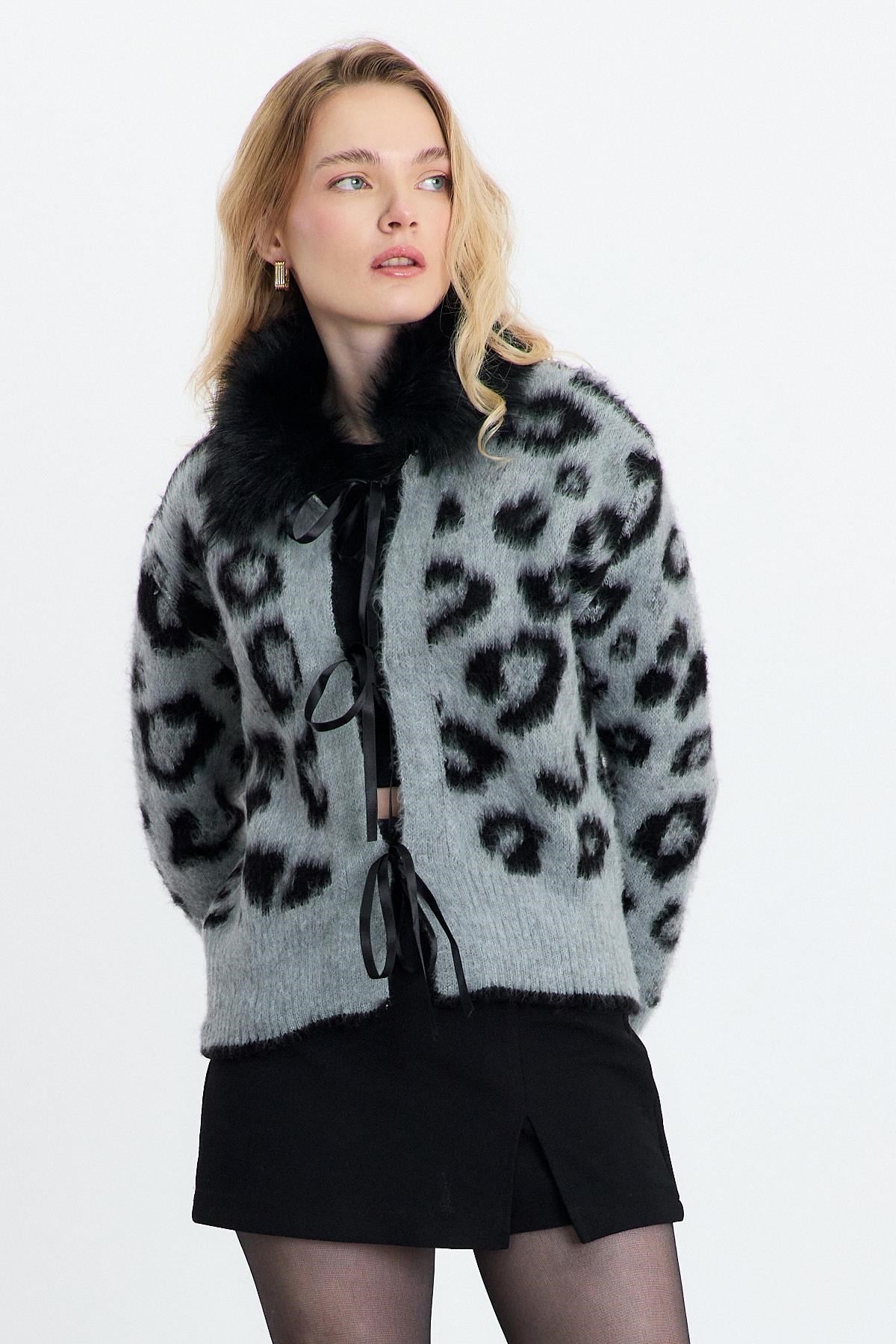 Kürklü Leopar Hırka 22289 Gri 6