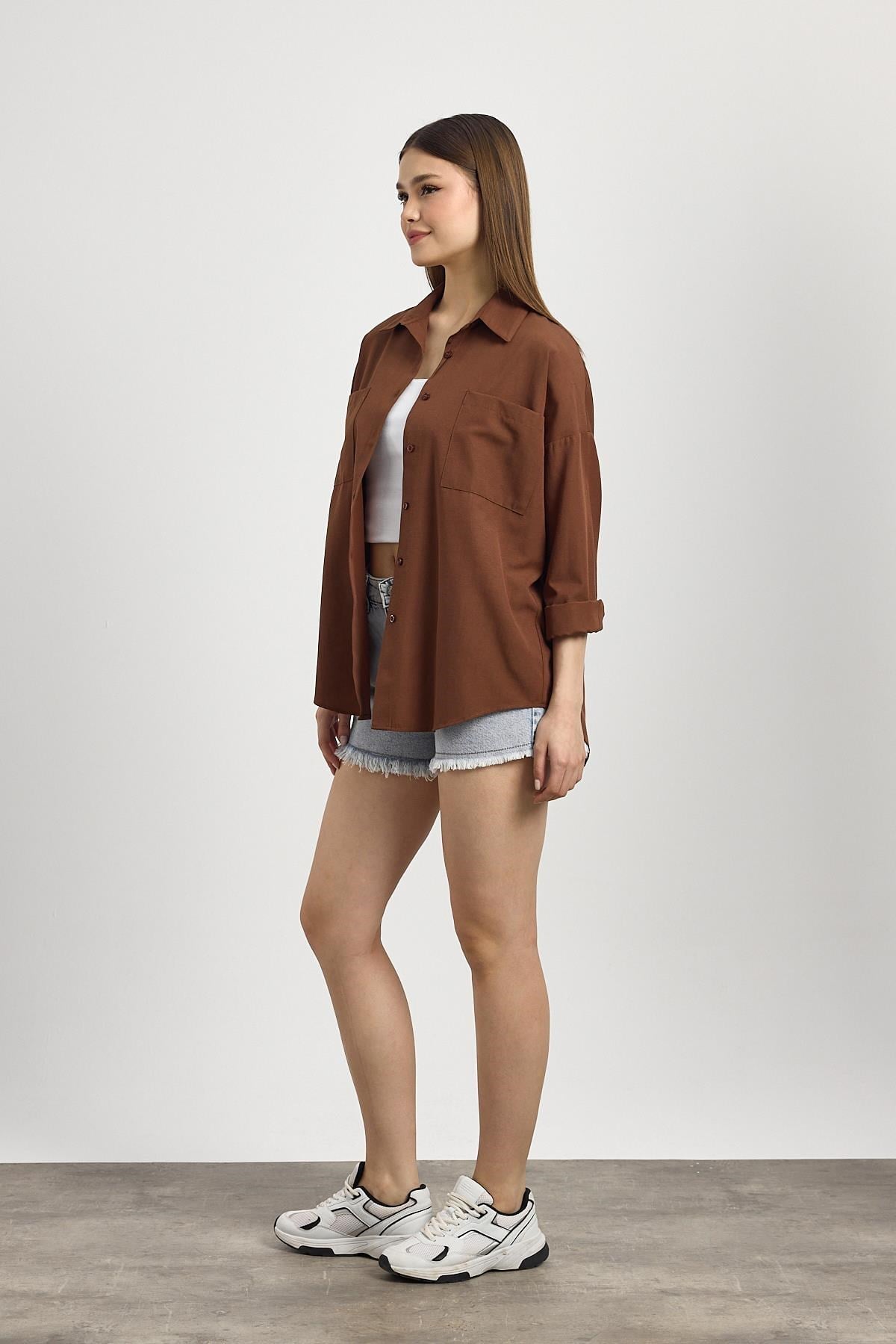 Kahve Çift Cepli Oversize Uzun Basic Gömlek TCR 6256A 2