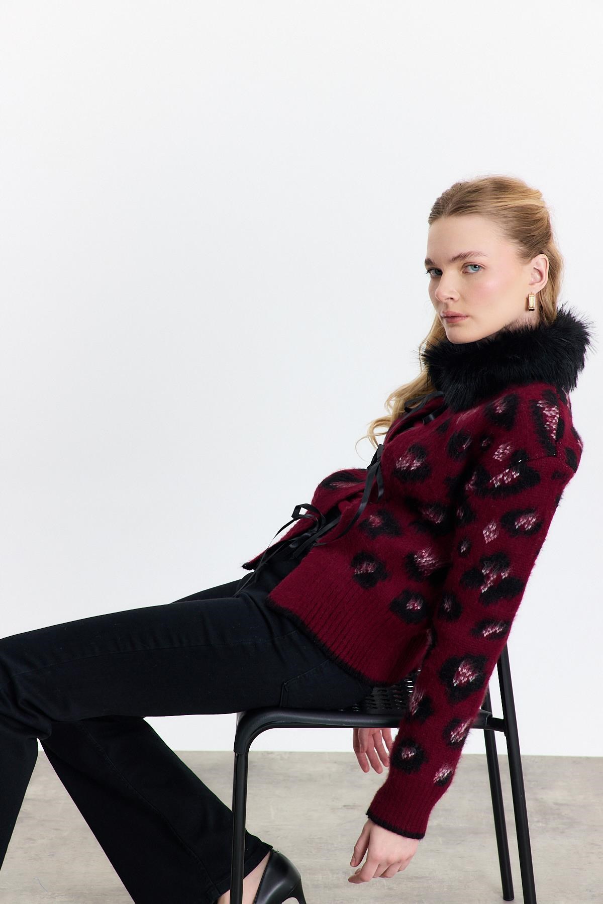 Kürklü Leopar Hırka 22289 Bordo