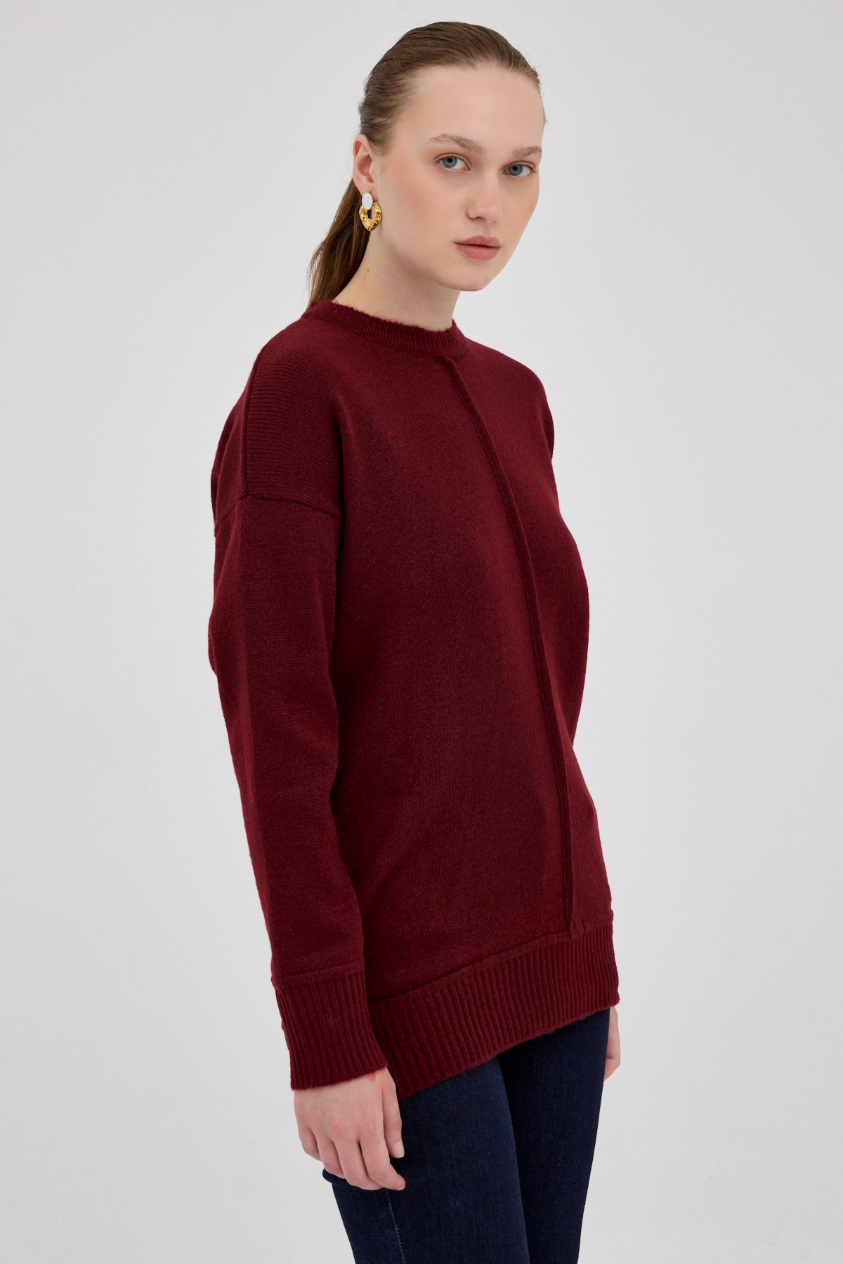 Bordo Oversize Bisiklet Yaka Kadın Kazak 2345 2