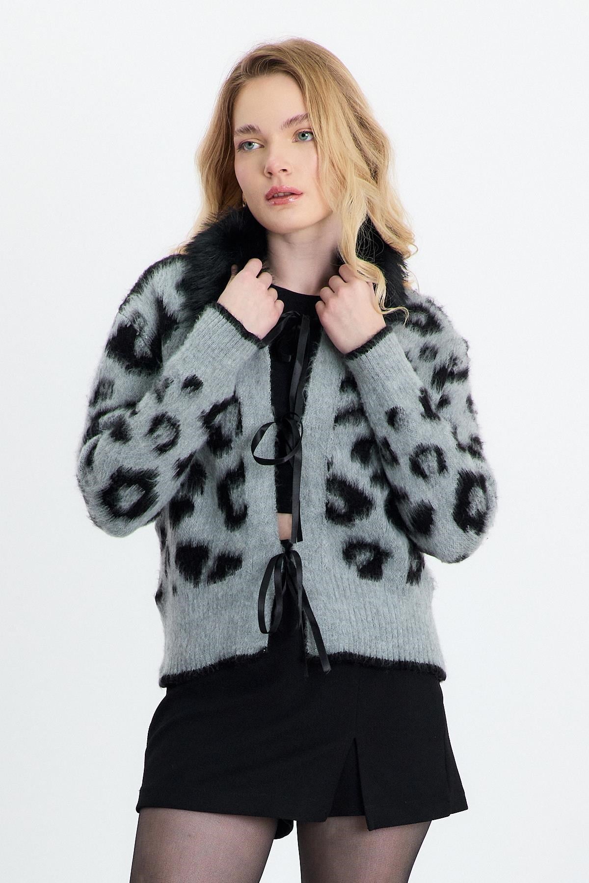 Kürklü Leopar Hırka 22289 Gri 2