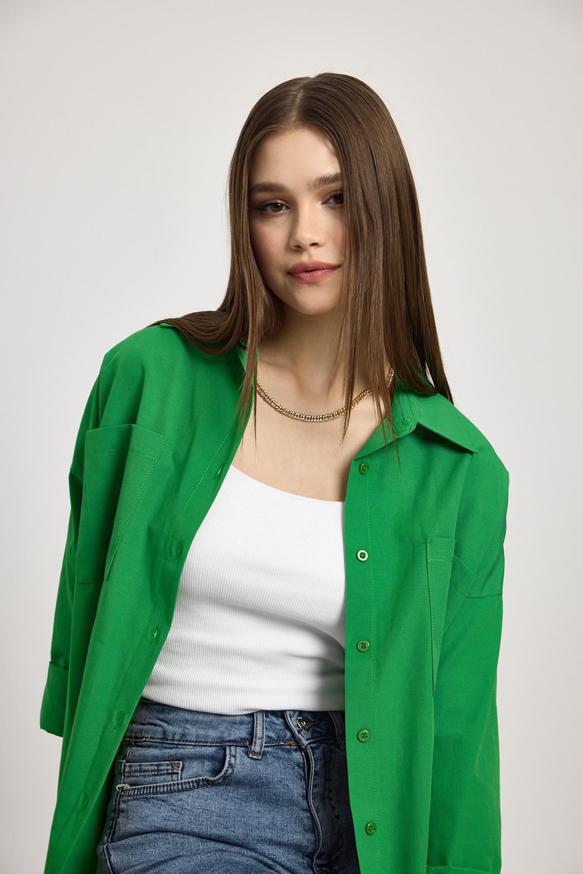 Benetton Yeşili Çift Cepli Oversize Uzun Basic Gömlek TCR 6256A 4