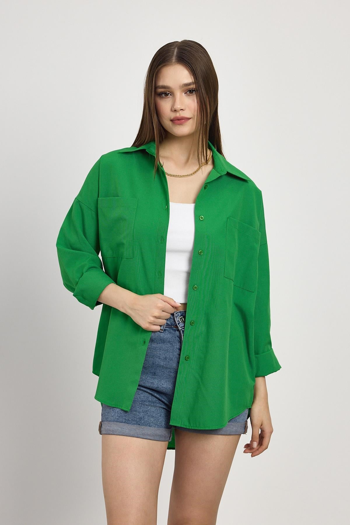 Benetton Yeşili Çift Cepli Oversize Uzun Basic Gömlek TCR 6256A 8