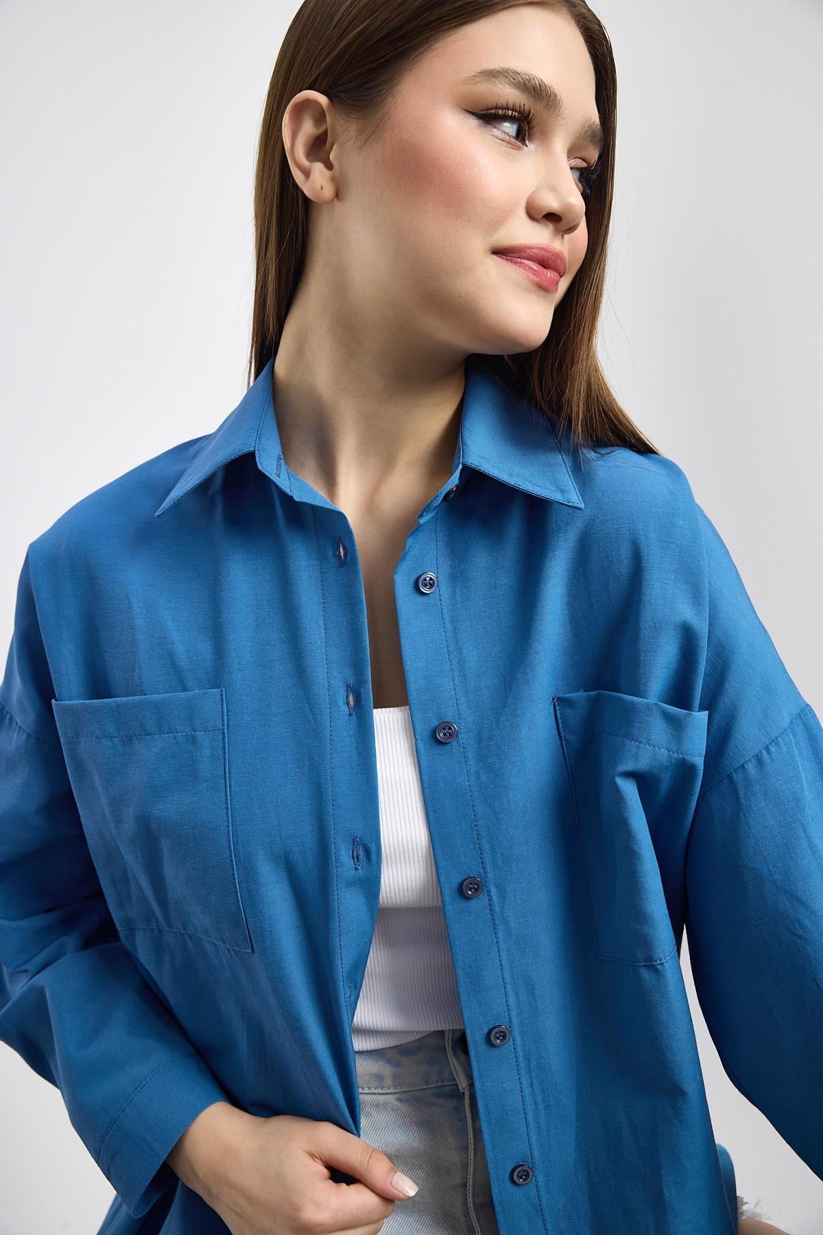 İndigo Çift Cepli Oversize Uzun Basic Gömlek TCR 6256A 7