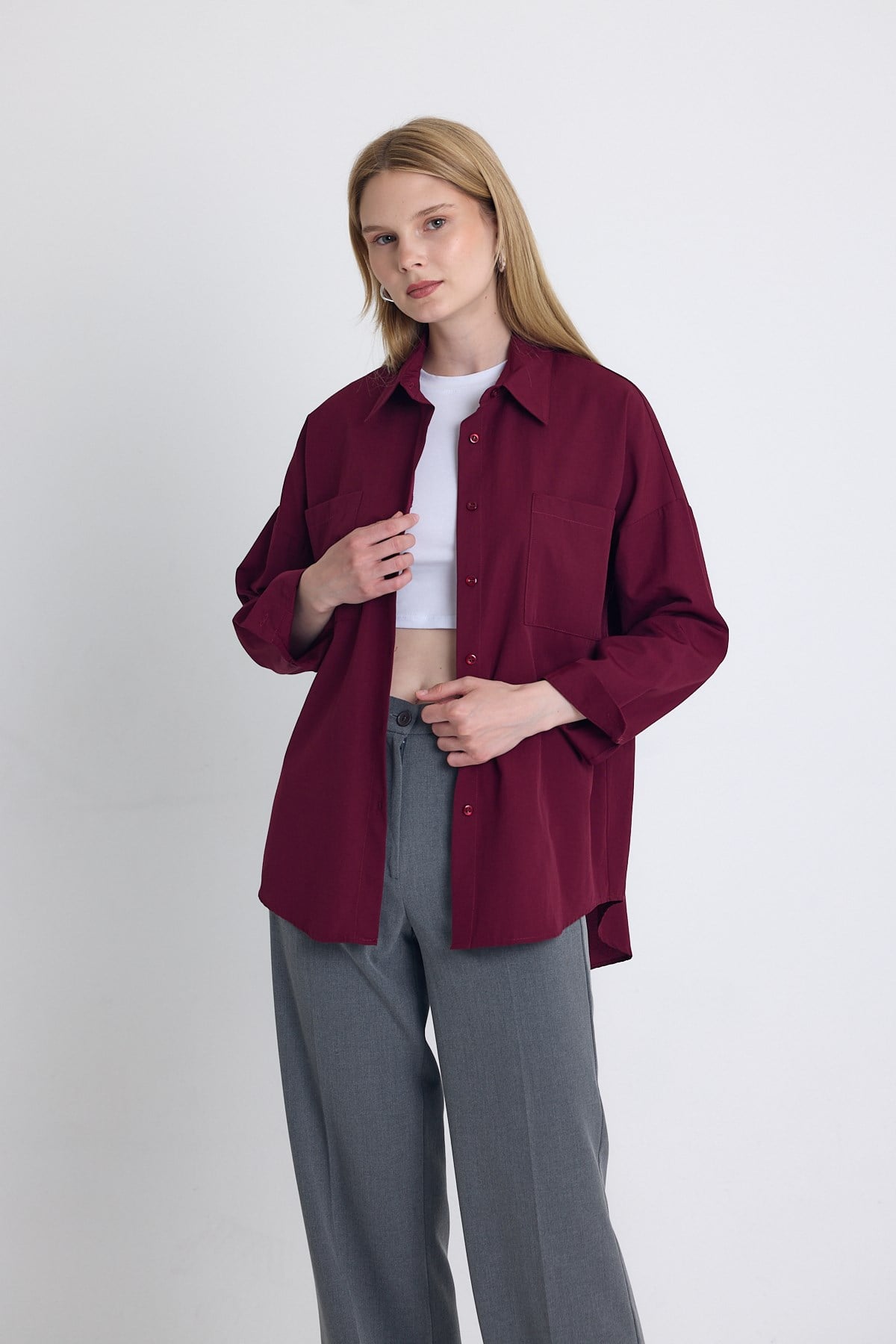 Bordo Çift Cepli Oversize Uzun Basic Gömlek TCR 6256A
