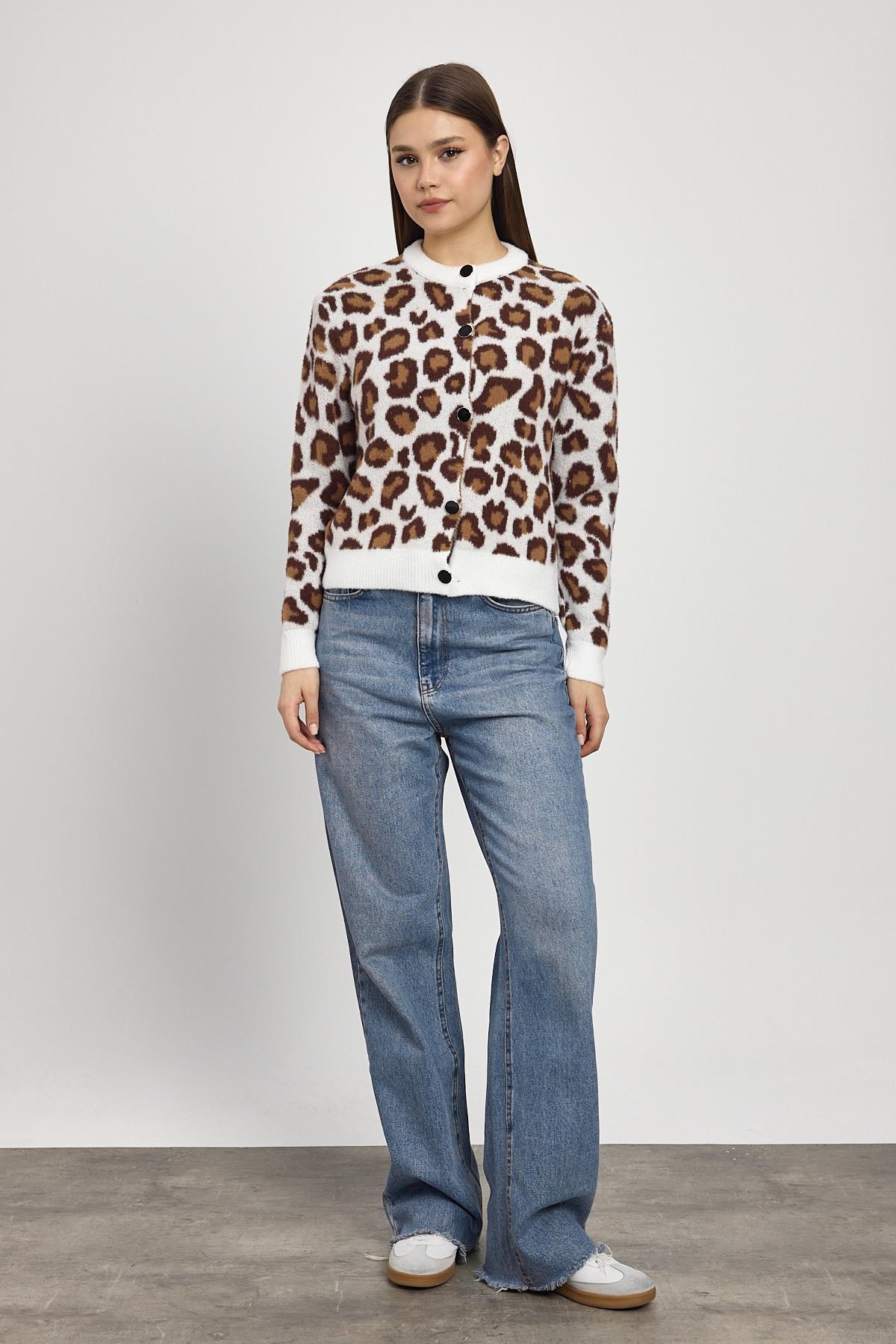 Leopar Detay Triko Hırka 24367 Ekru