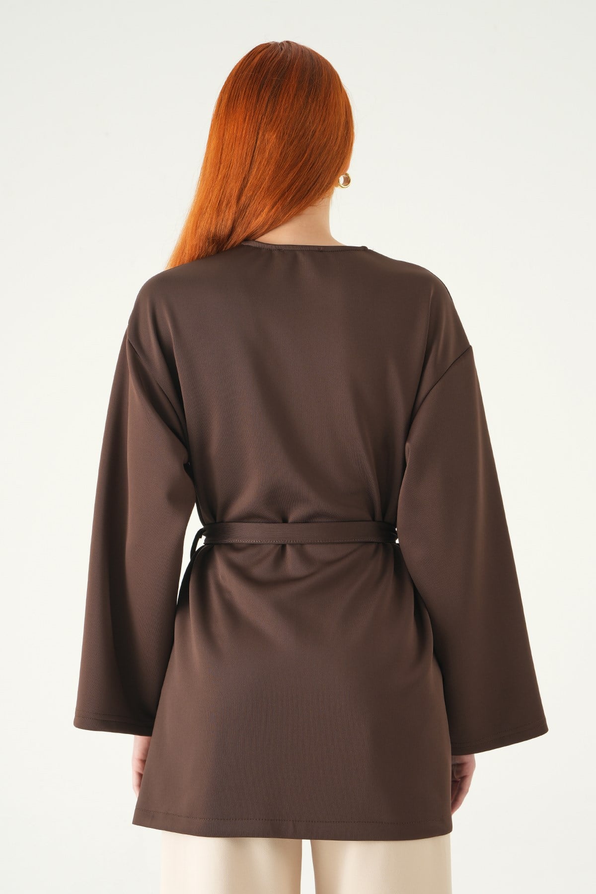 Kuşaklı Geniş Kol Kimono 3068A Kahve 5