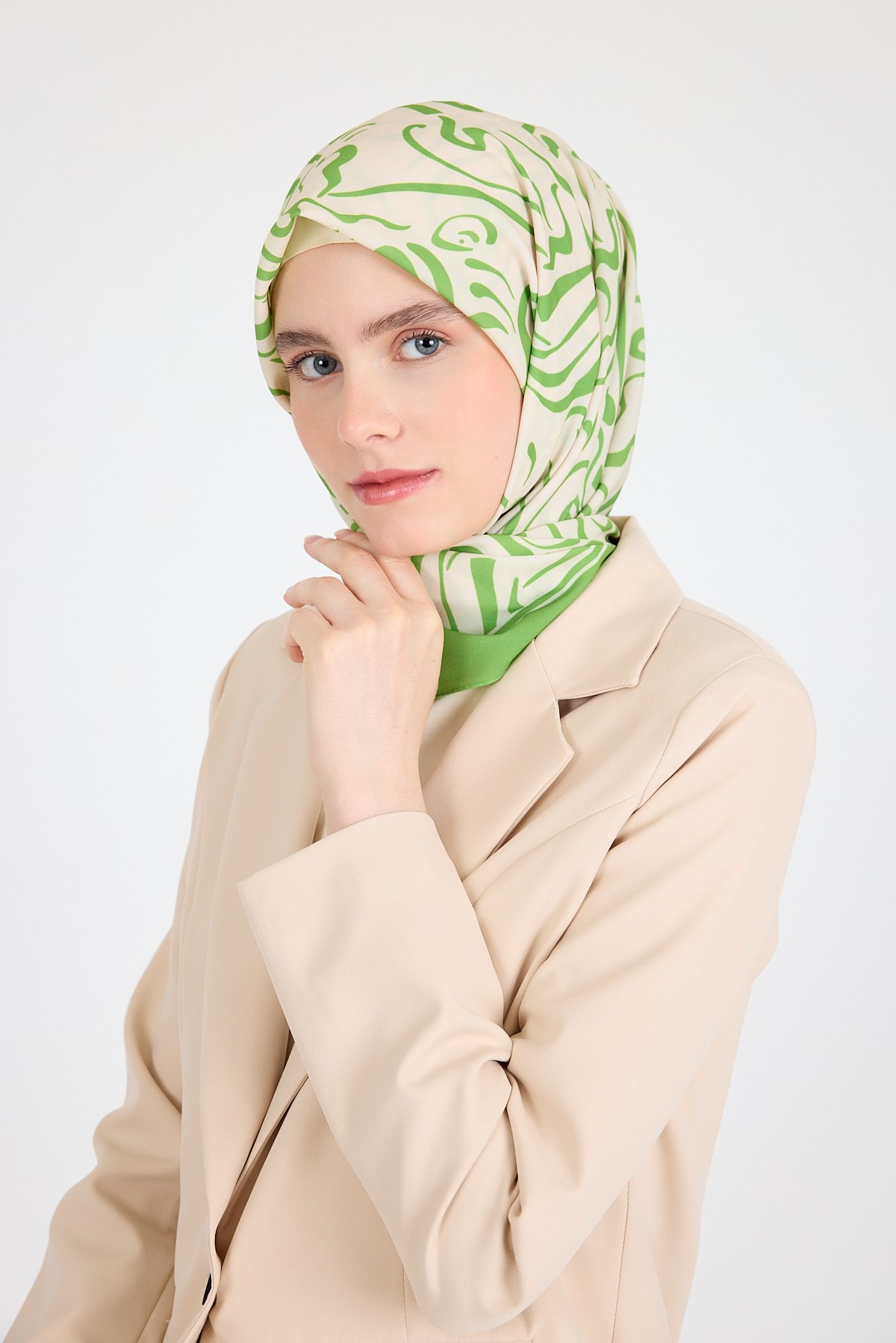 Yağ Yeşili Desenli Eşarp 5694