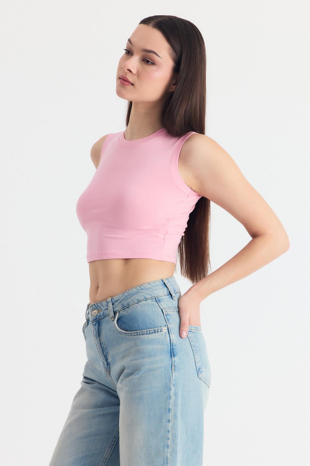 Pembe Kolsuz Bisiklet Yaka Crop Atlet 318 3