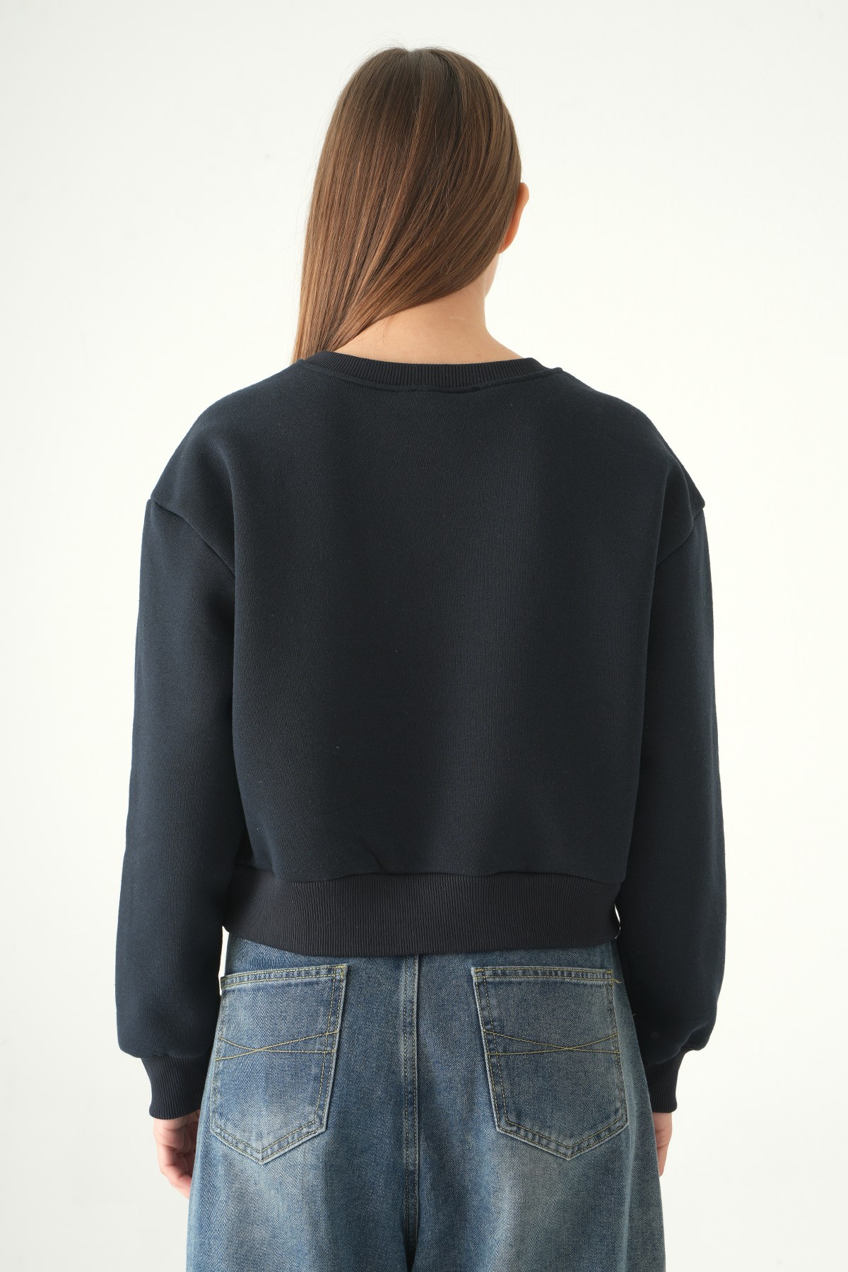 Kadın Pamuklu İçi Polarlı Oversize Yuvarlak Yakalı Laci Sweatshirt 9152M 5