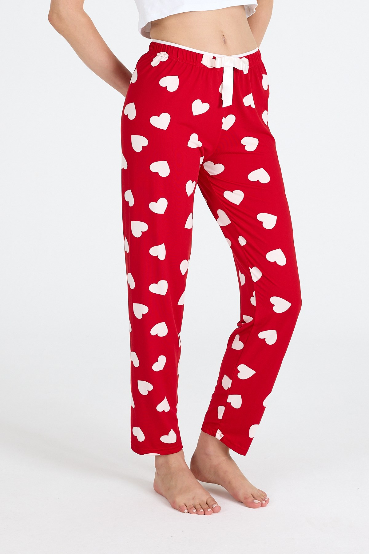Kırmızı Kalp Desenli Örme Pijama Altı 4522 3