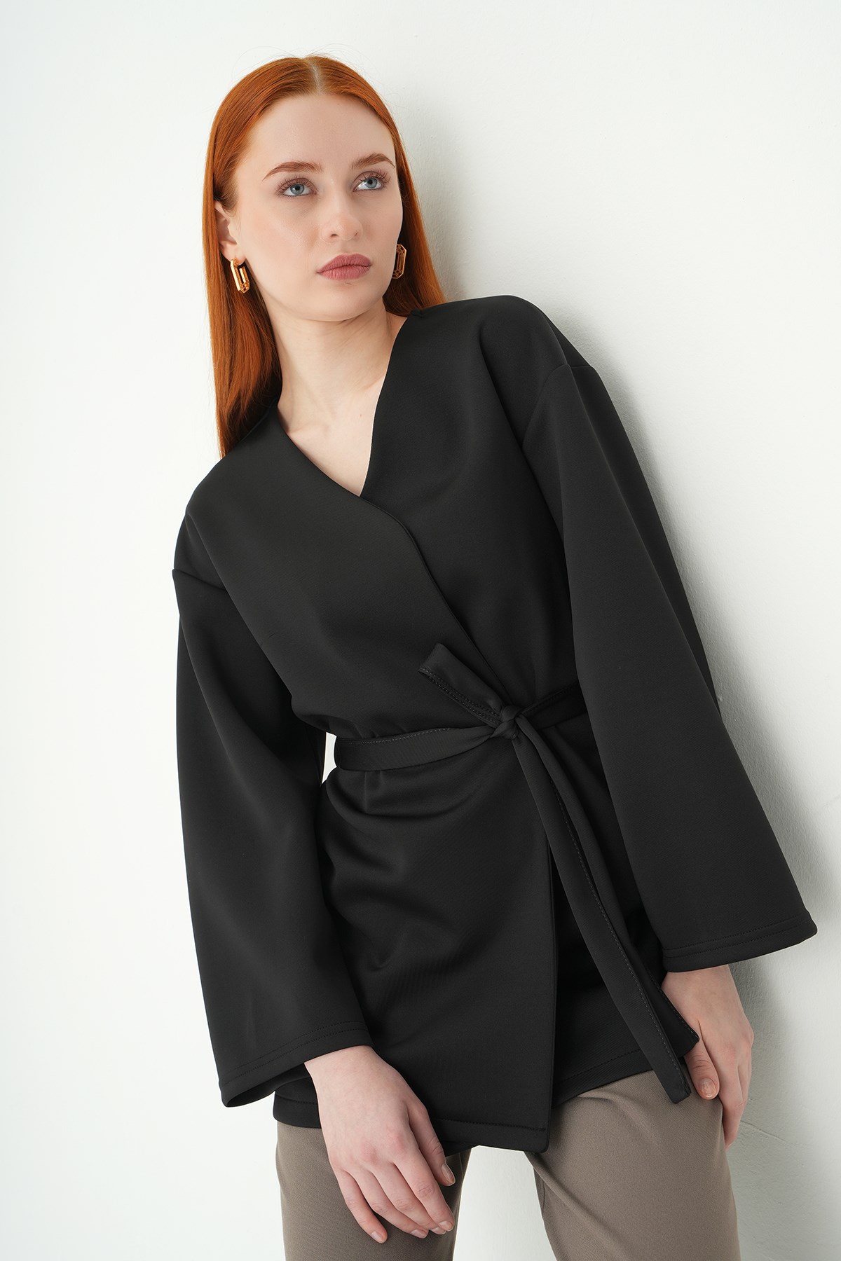 Kuşaklı Geniş Kol Kimono 3068A Siyah 7