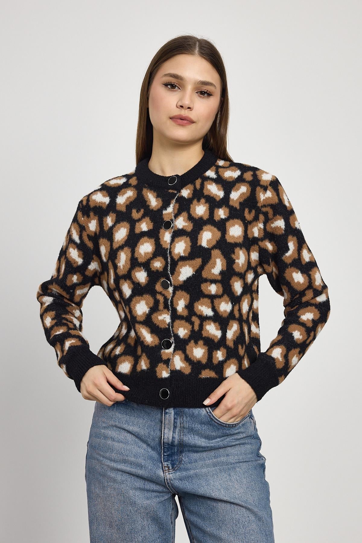 Leopar Detay Triko Hırka 24367 Siyah 7