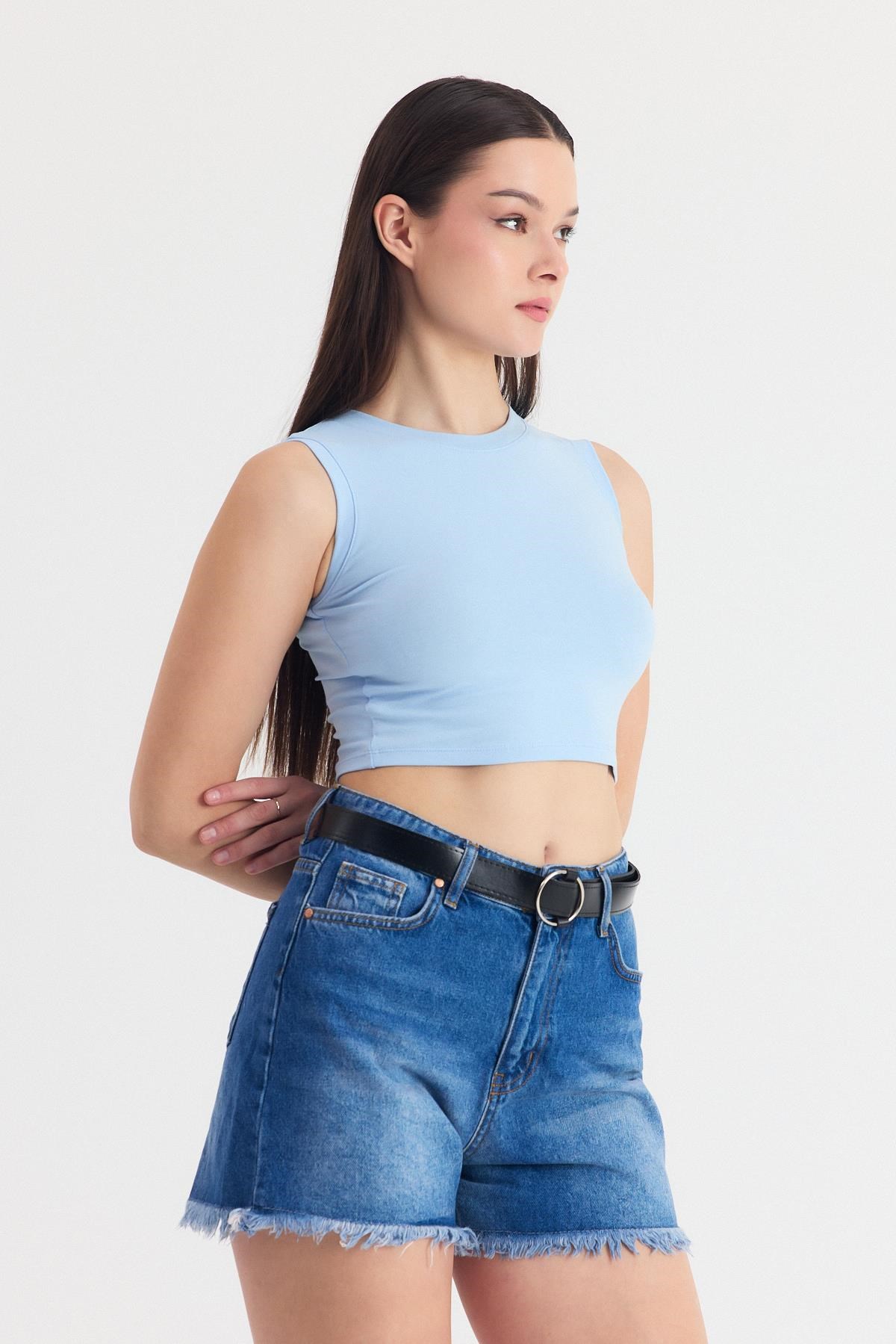 Mavi Kolsuz Bisiklet Yaka Crop Atlet 318 8
