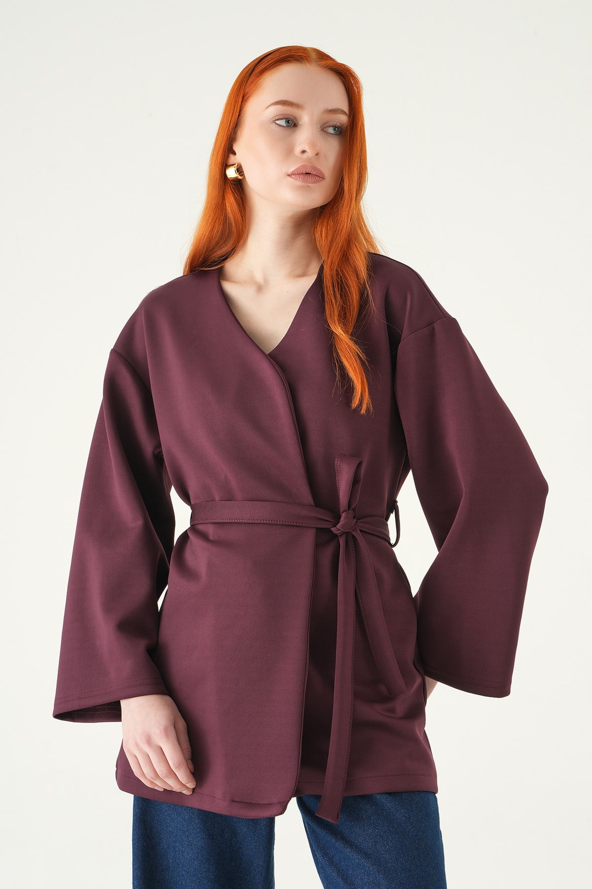 Kuşaklı Geniş Kol Kimono 3068A Mürdüm 2