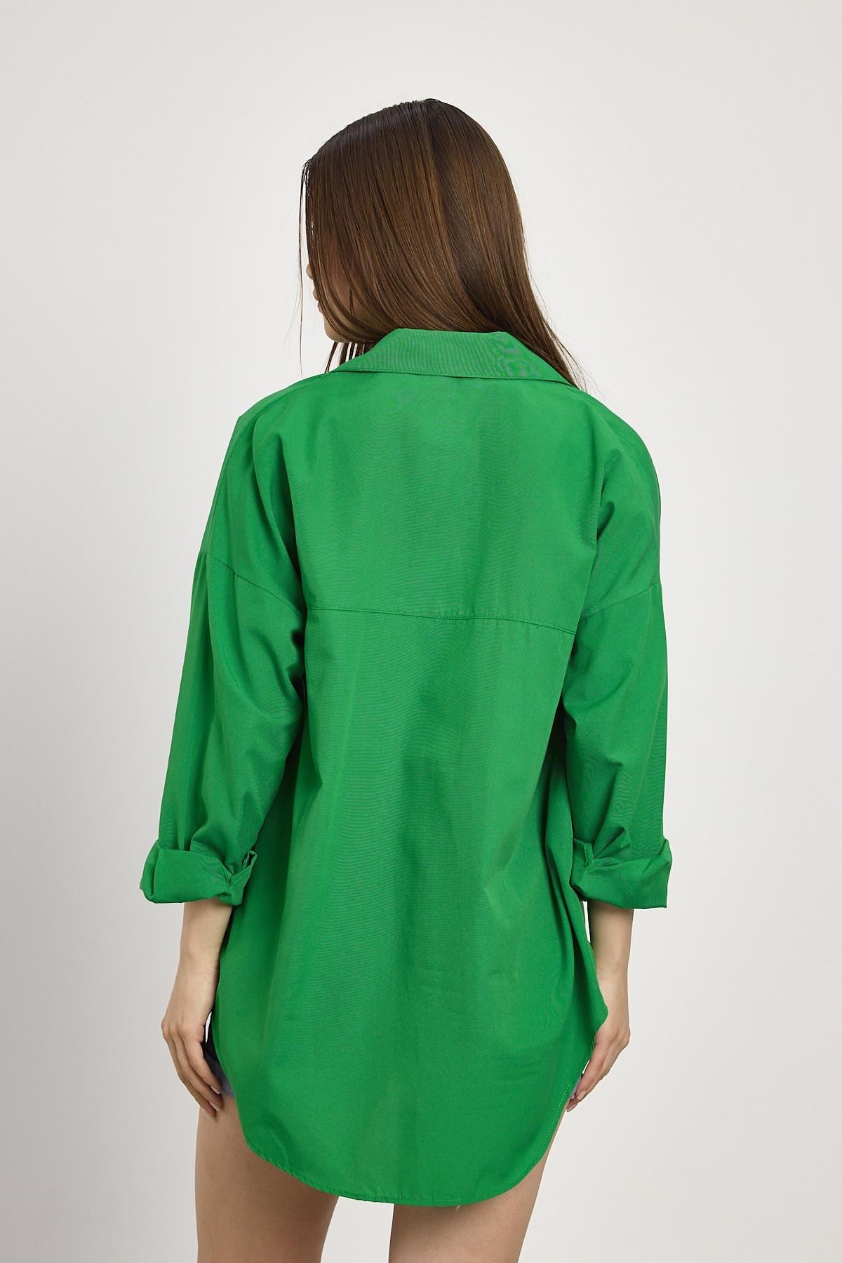 Benetton Yeşili Çift Cepli Oversize Uzun Basic Gömlek TCR 6256A 5