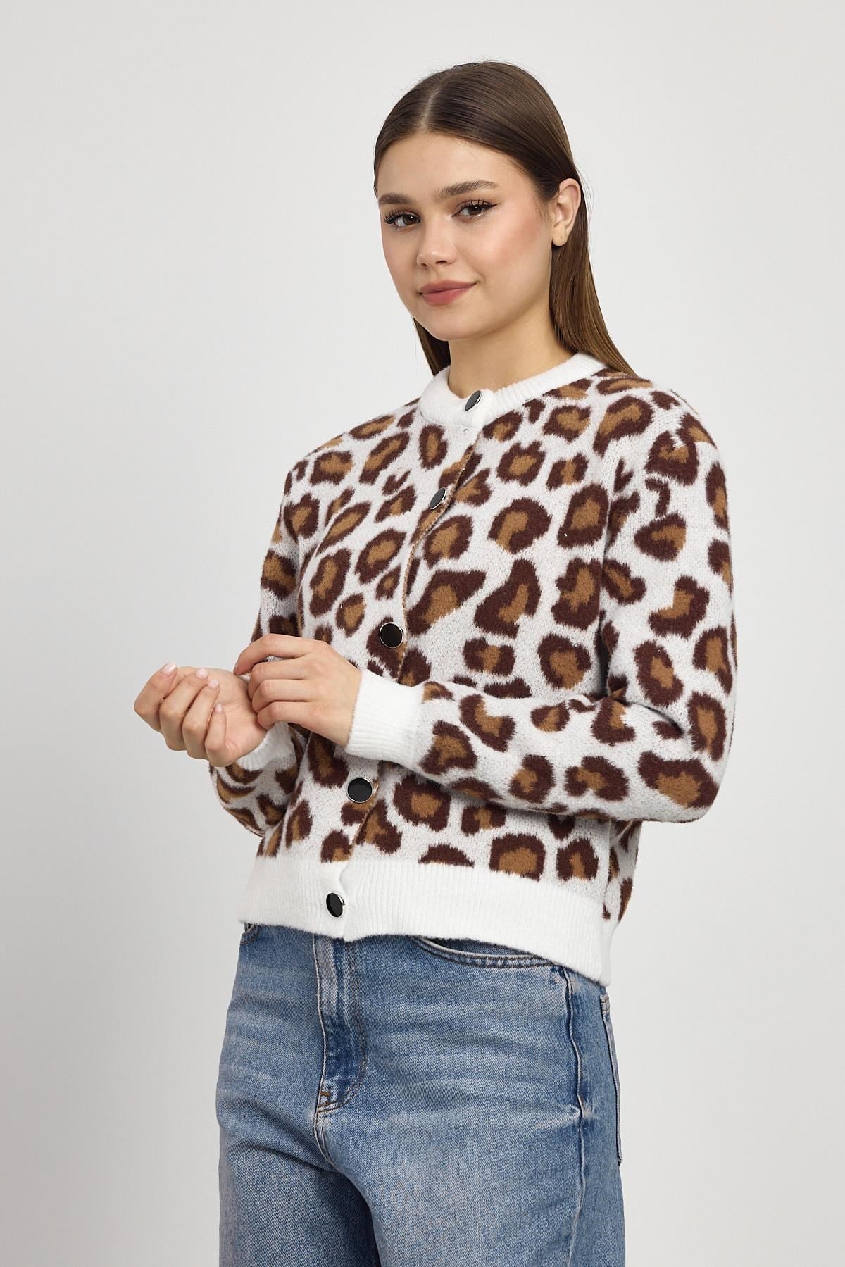 Leopar Detay Triko Hırka 24367 Ekru 7