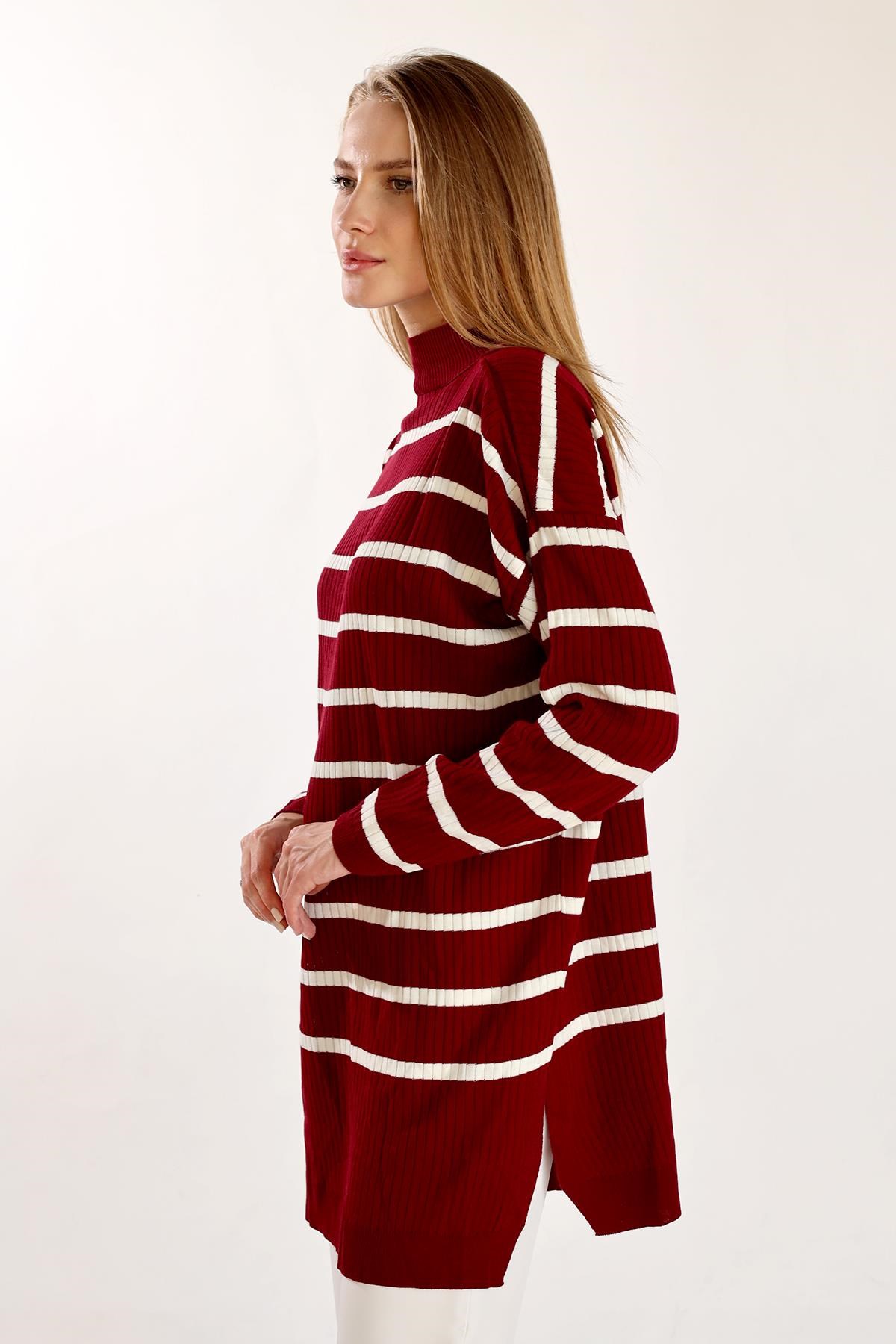 Çizgili Balıkçı Yaka Tunik 5415 Bordo 2