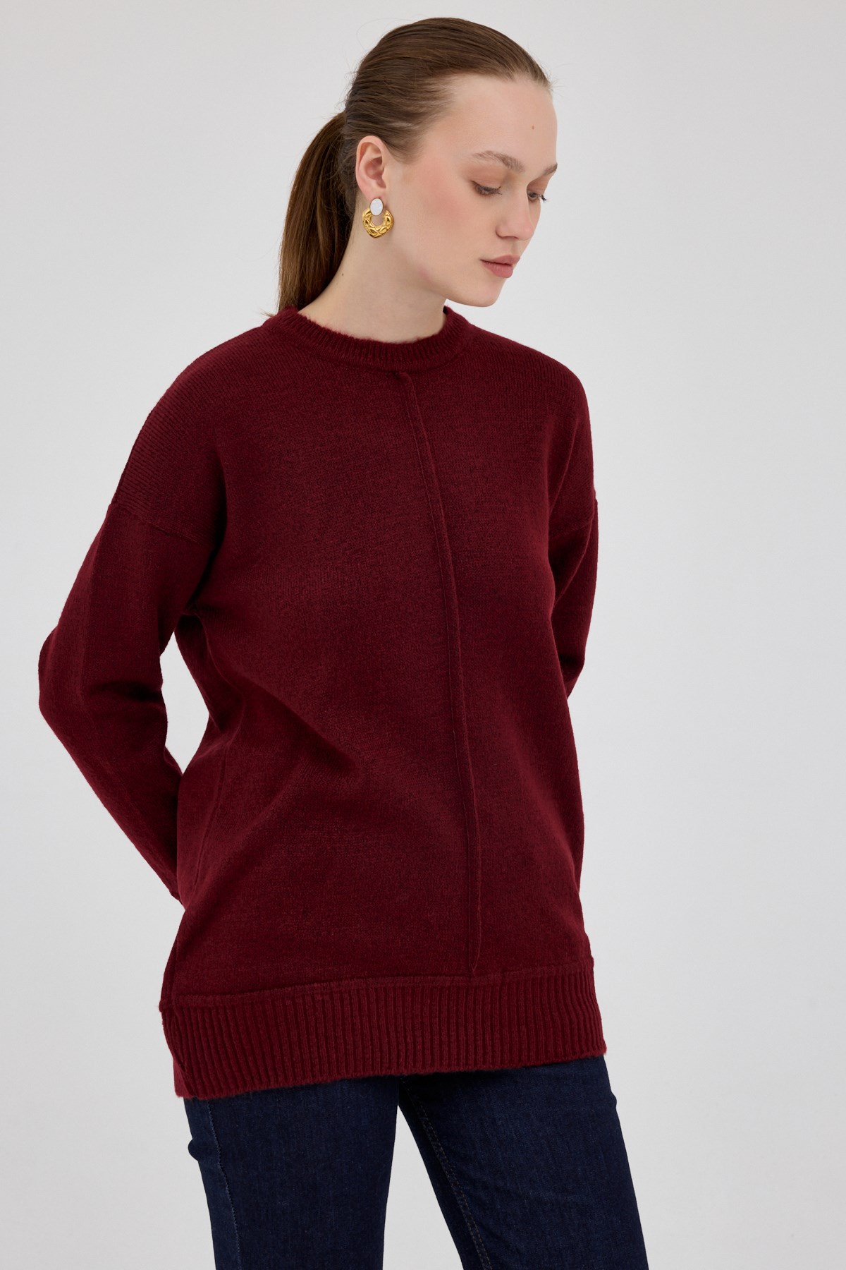 Bordo Oversize Bisiklet Yaka Kadın Kazak 2345 6
