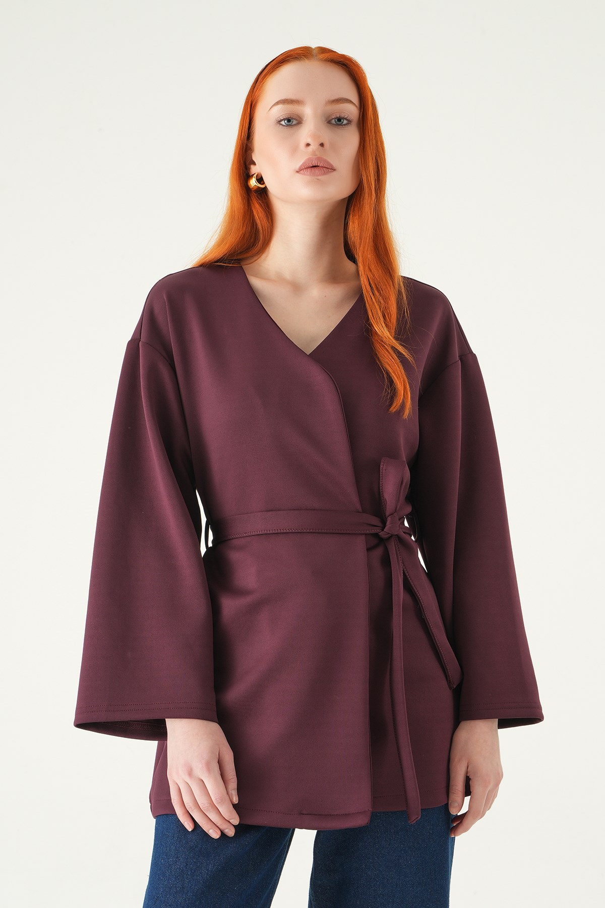 Kuşaklı Geniş Kol Kimono 3068A Mürdüm