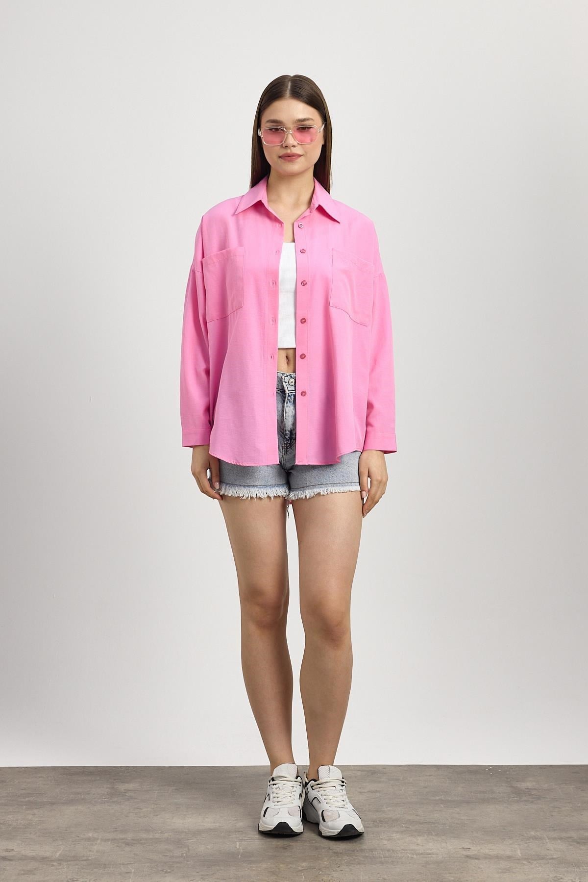 Şeker Pembe Çift Cepli Oversize Uzun Basic Gömlek TCR 6256A 8