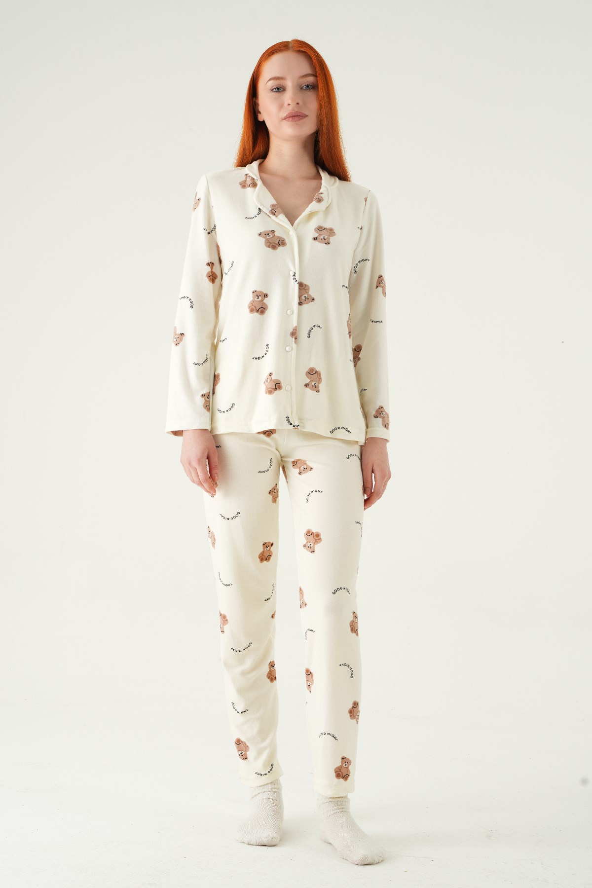 Ayıcık Desen Düğmeli Pijama Takımı 3421 Krem
