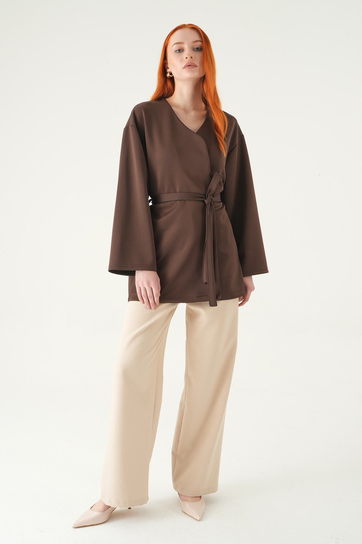 Kuşaklı Geniş Kol Kimono 3068A Kahve 3