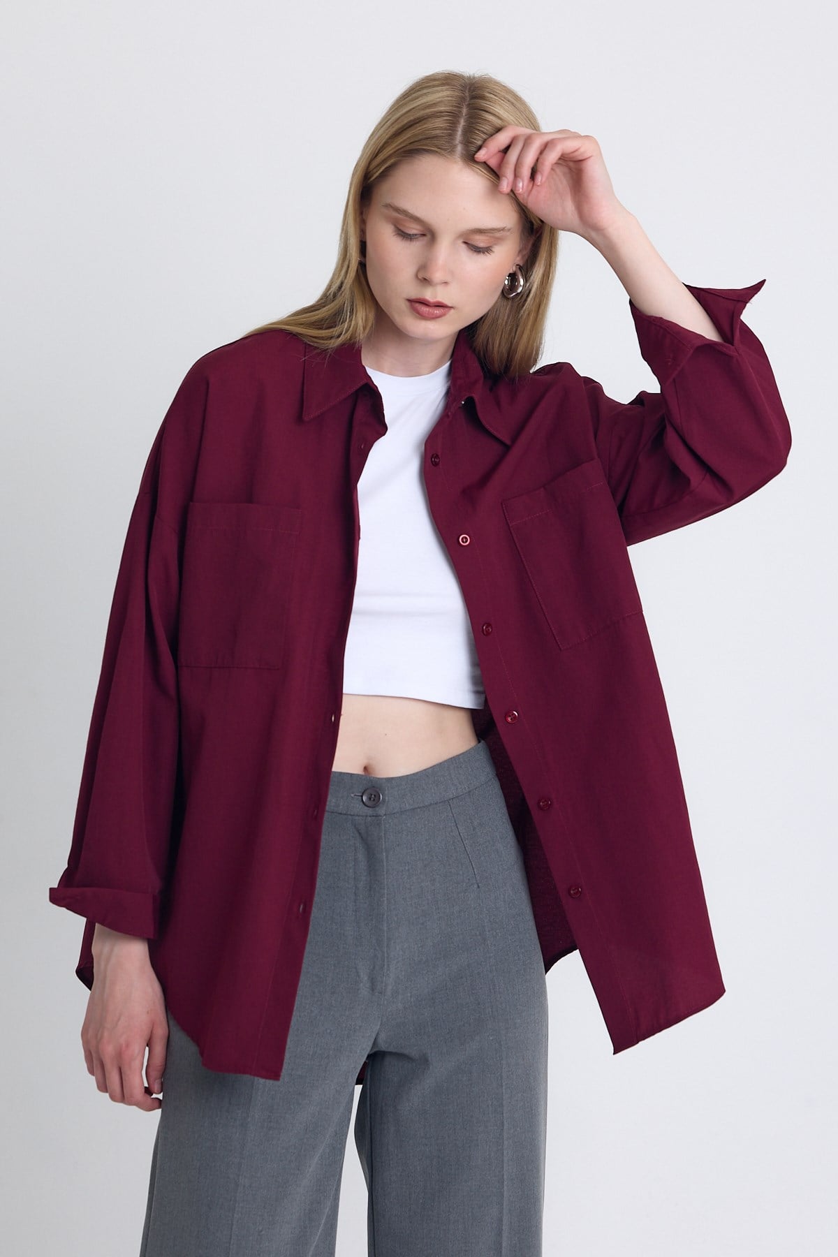 Bordo Çift Cepli Oversize Uzun Basic Gömlek TCR 6256A 2
