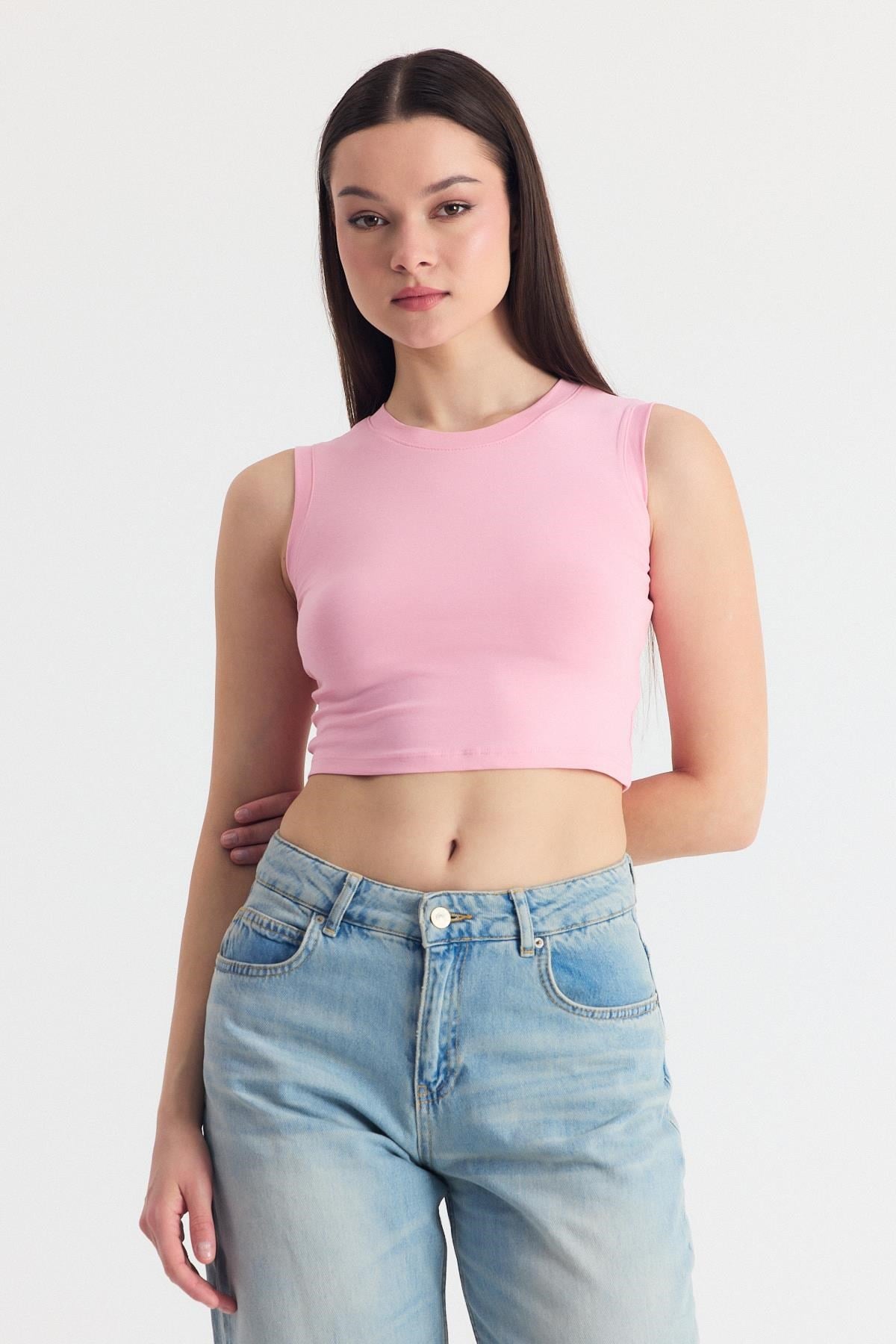 Pembe Kolsuz Bisiklet Yaka Crop Atlet 318 4