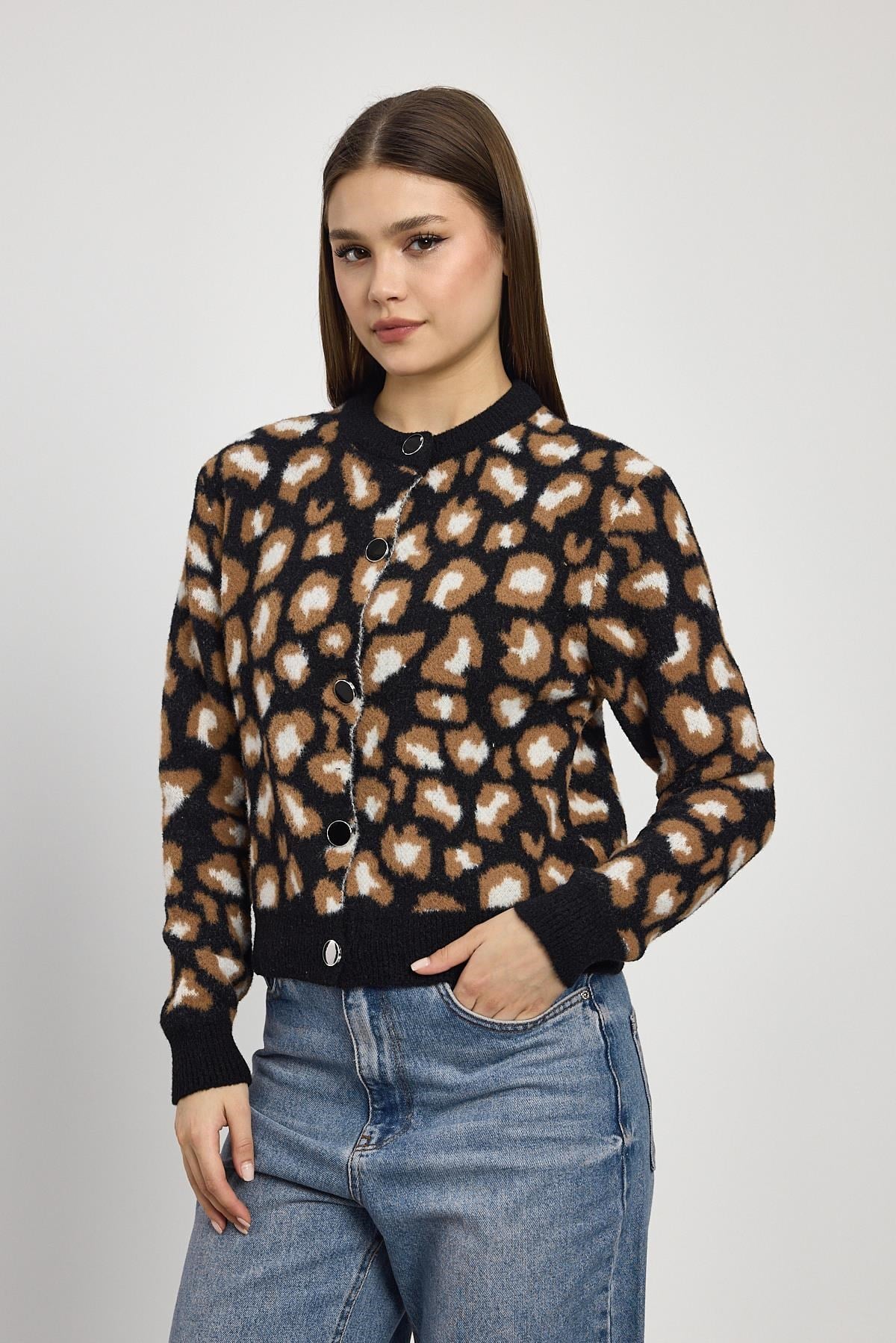 Leopar Detay Triko Hırka 24367 Siyah 3