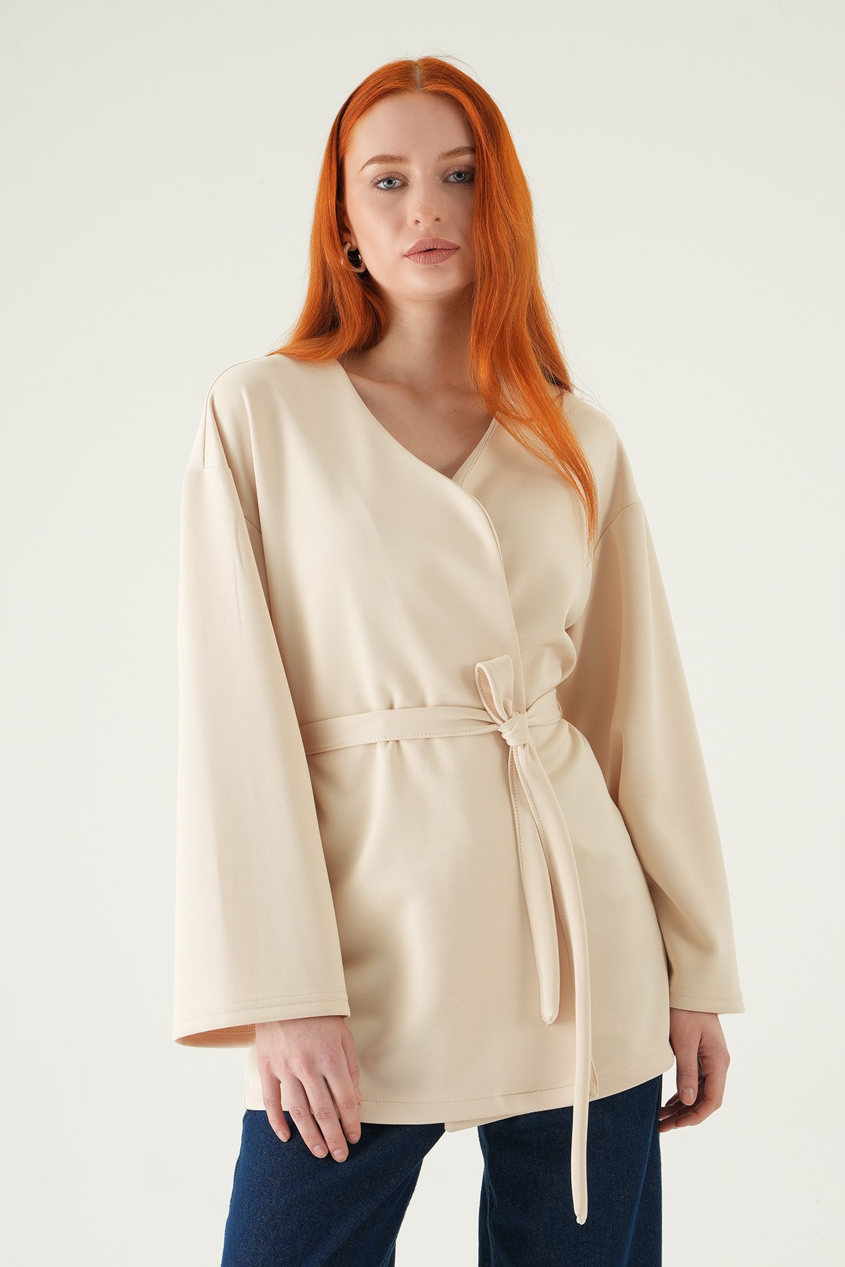 Kuşaklı Geniş Kol Kimono 3068A Taş