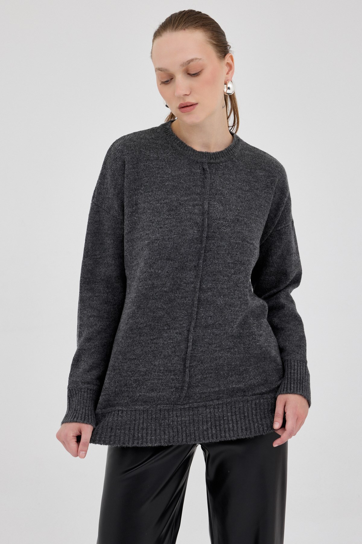 Antrasit Oversize Bisiklet Yaka Kadın Kazak 2345 2