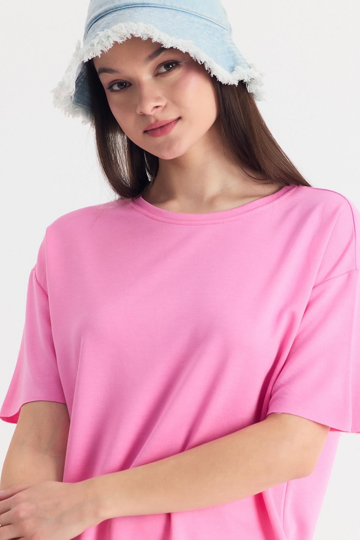 Pembe Yumuşak Dokulu Esnek Premium Kumaş Lazer Kesim Oversize Tişört 1868 4