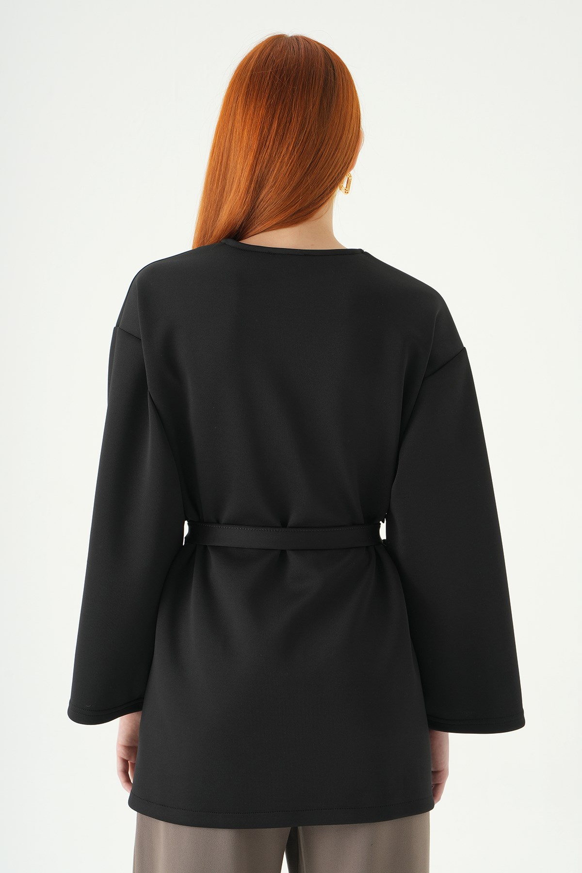 Kuşaklı Geniş Kol Kimono 3068A Siyah 5