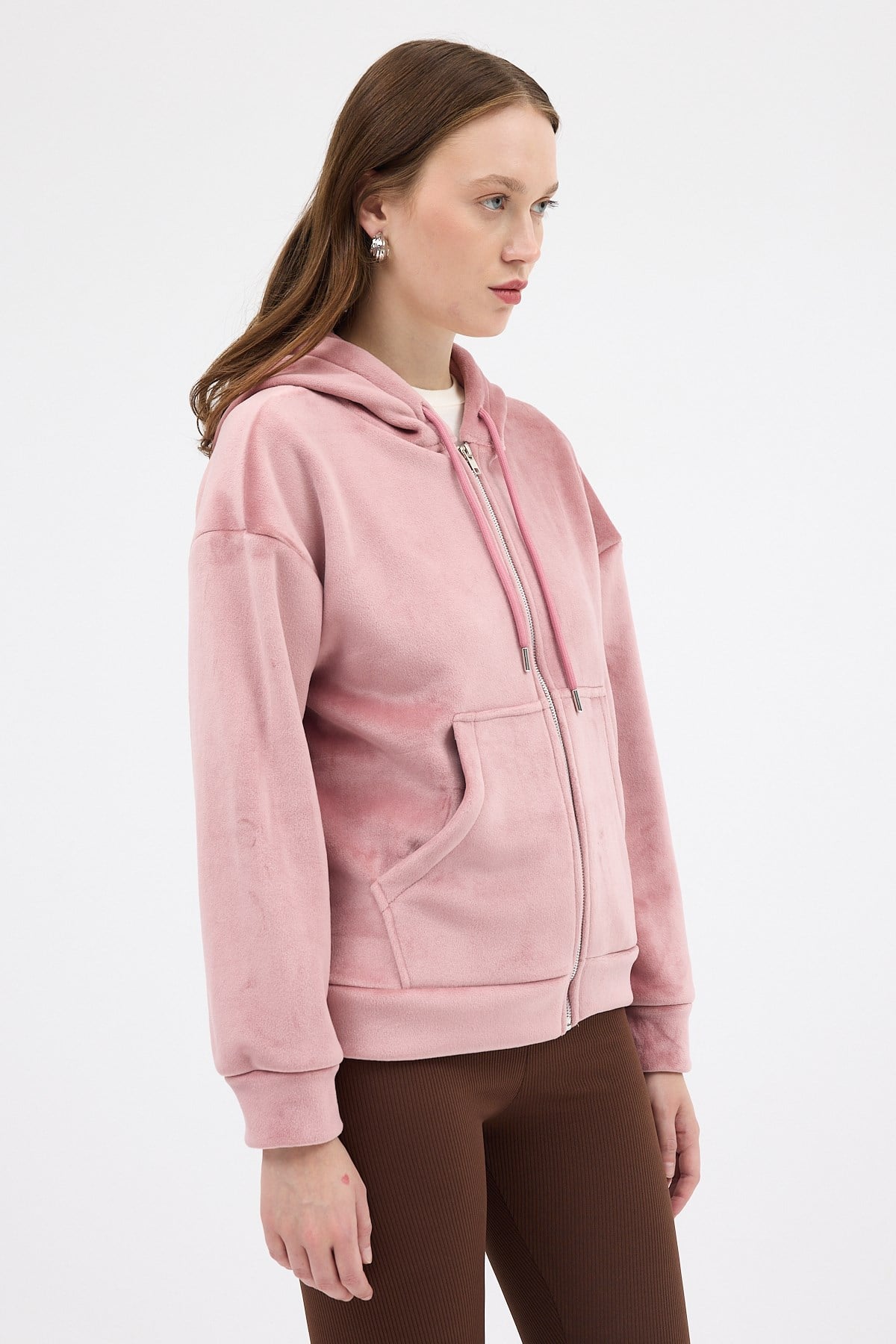 Pembe Kadın Fermuarlı Kapüşonlu Sweatshirt 3059A 2