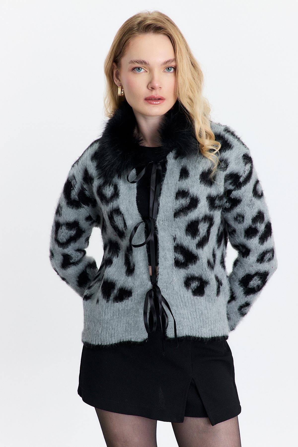 Kürklü Leopar Hırka 22289 Gri 3