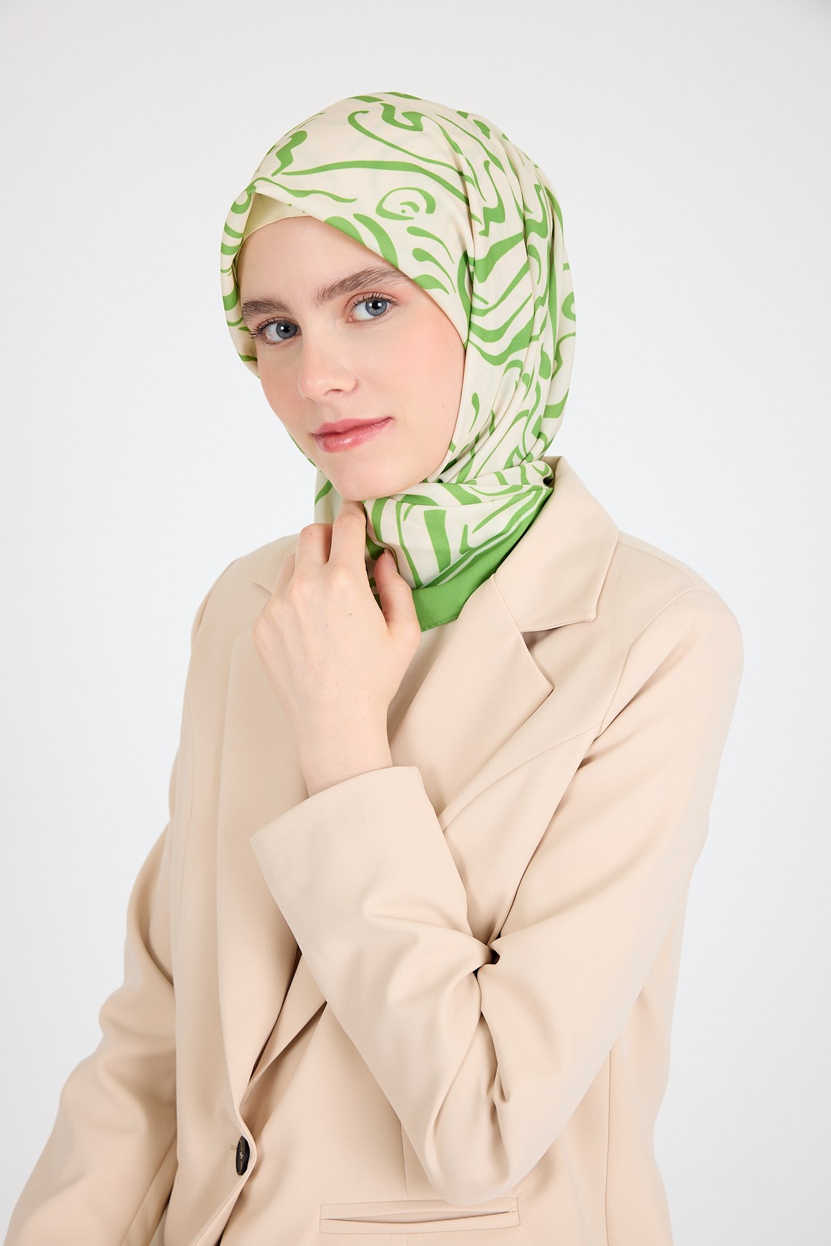 Yağ Yeşili Desenli Eşarp 5694 5